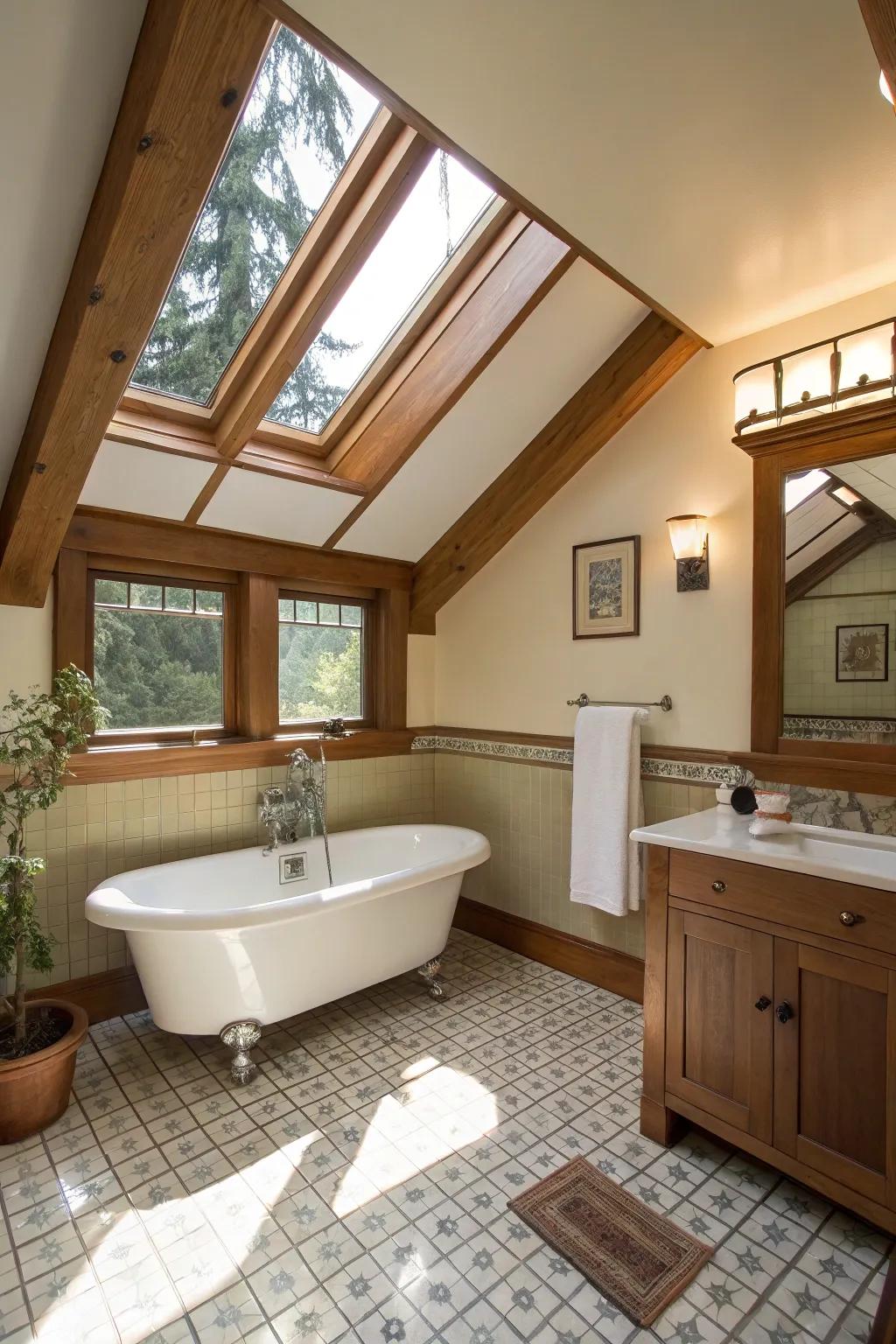 Natural light pouring in through a skylight in the craftsman bathroom.