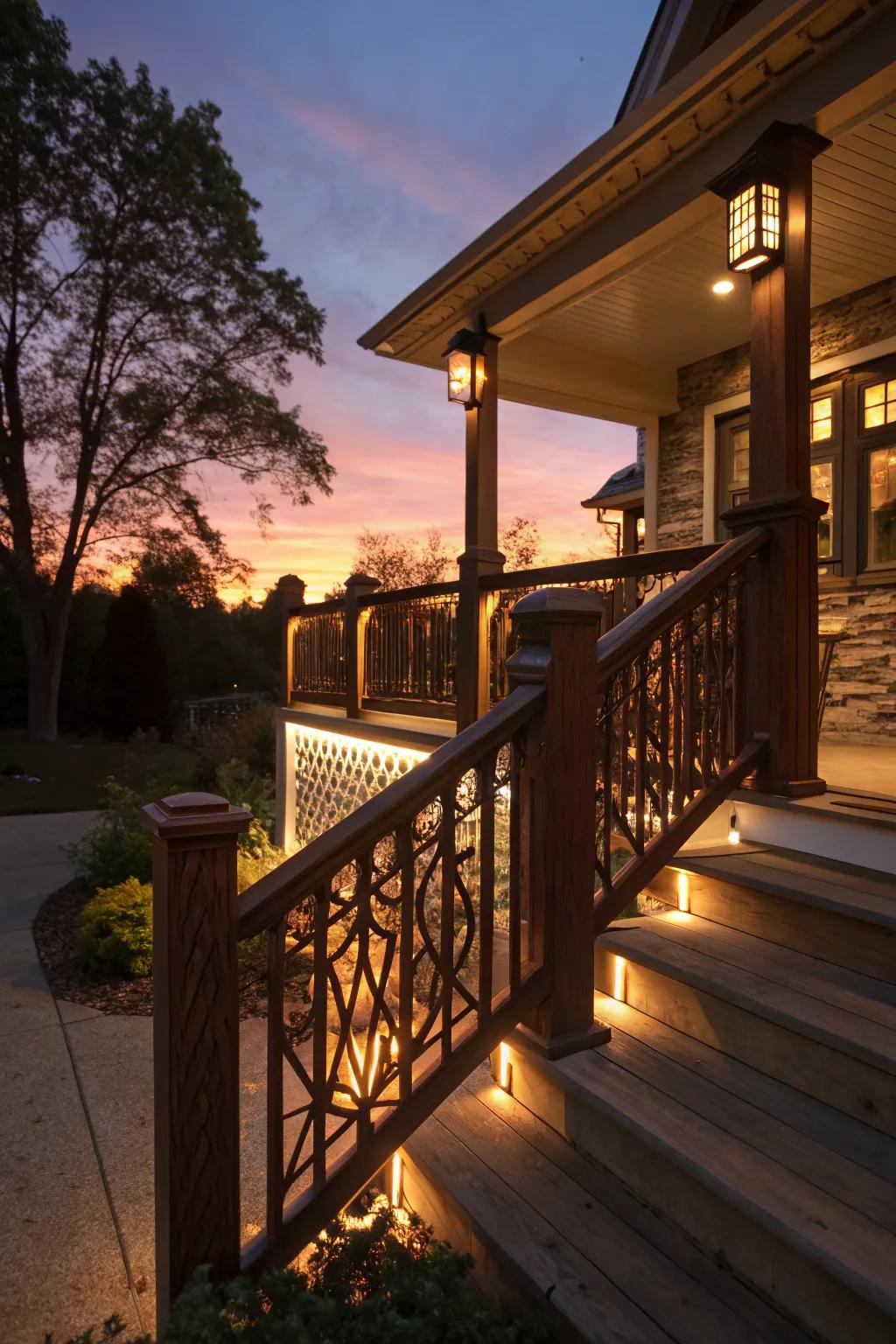 Integrated lighting provides elegance and utility in Craftsman railings.