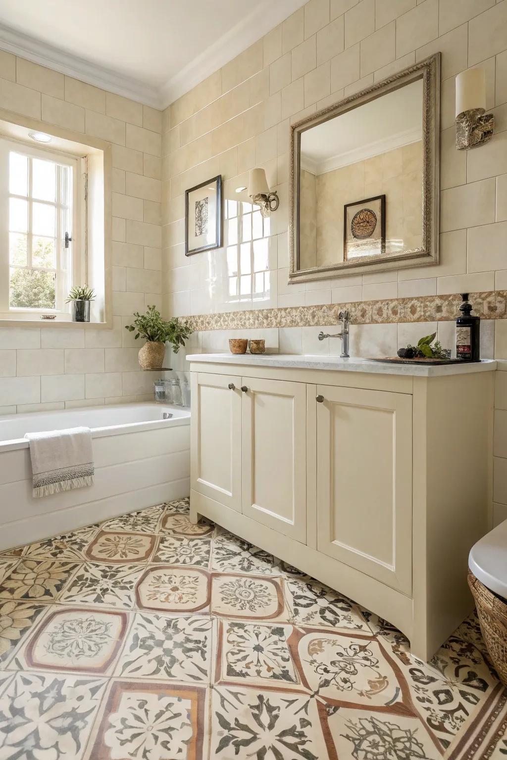 Patterned floor tiles introduce charm to this cream bathroom.
