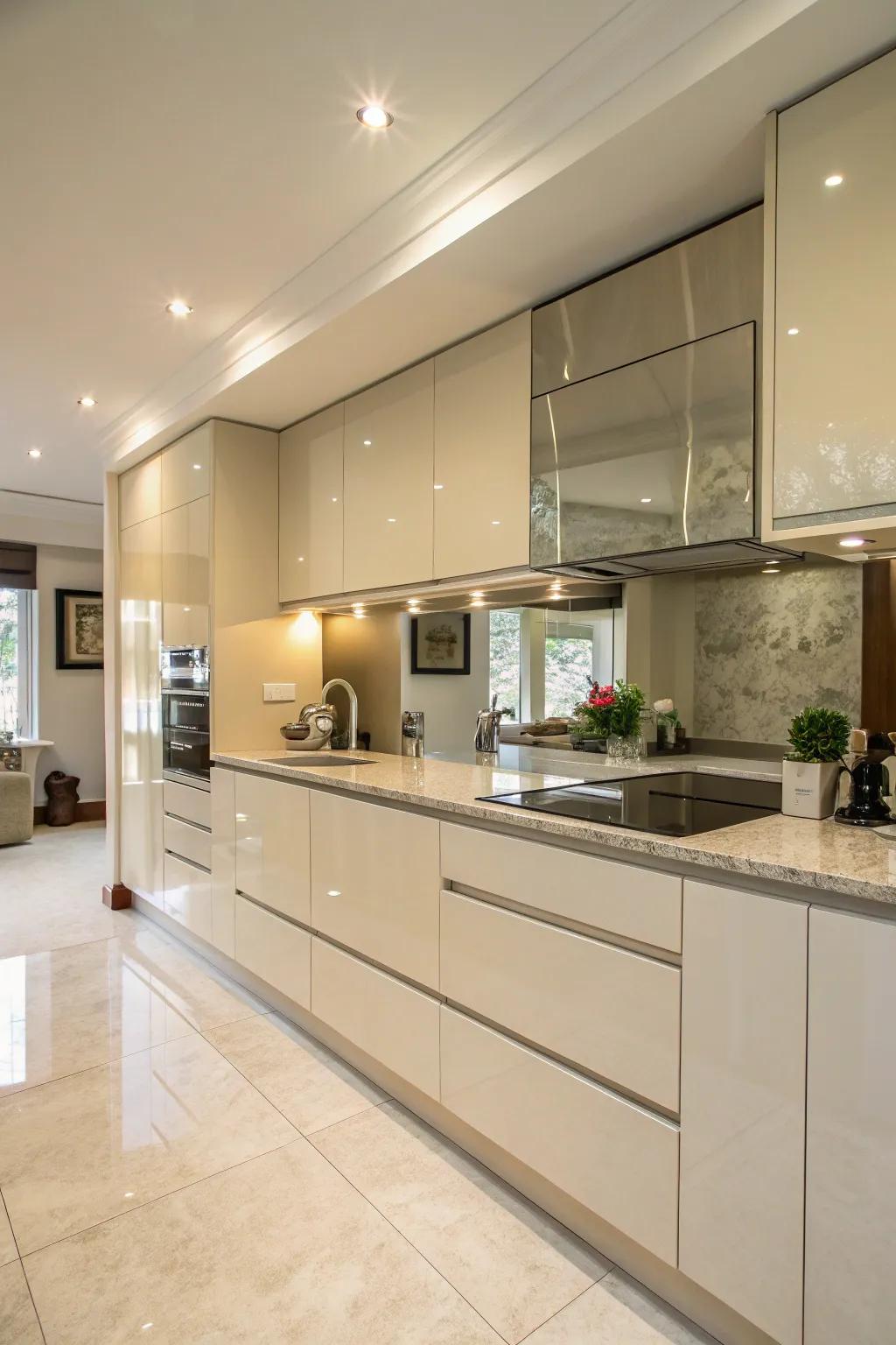 Reflected elements maximizing light and area in a cream gloss kitchen.