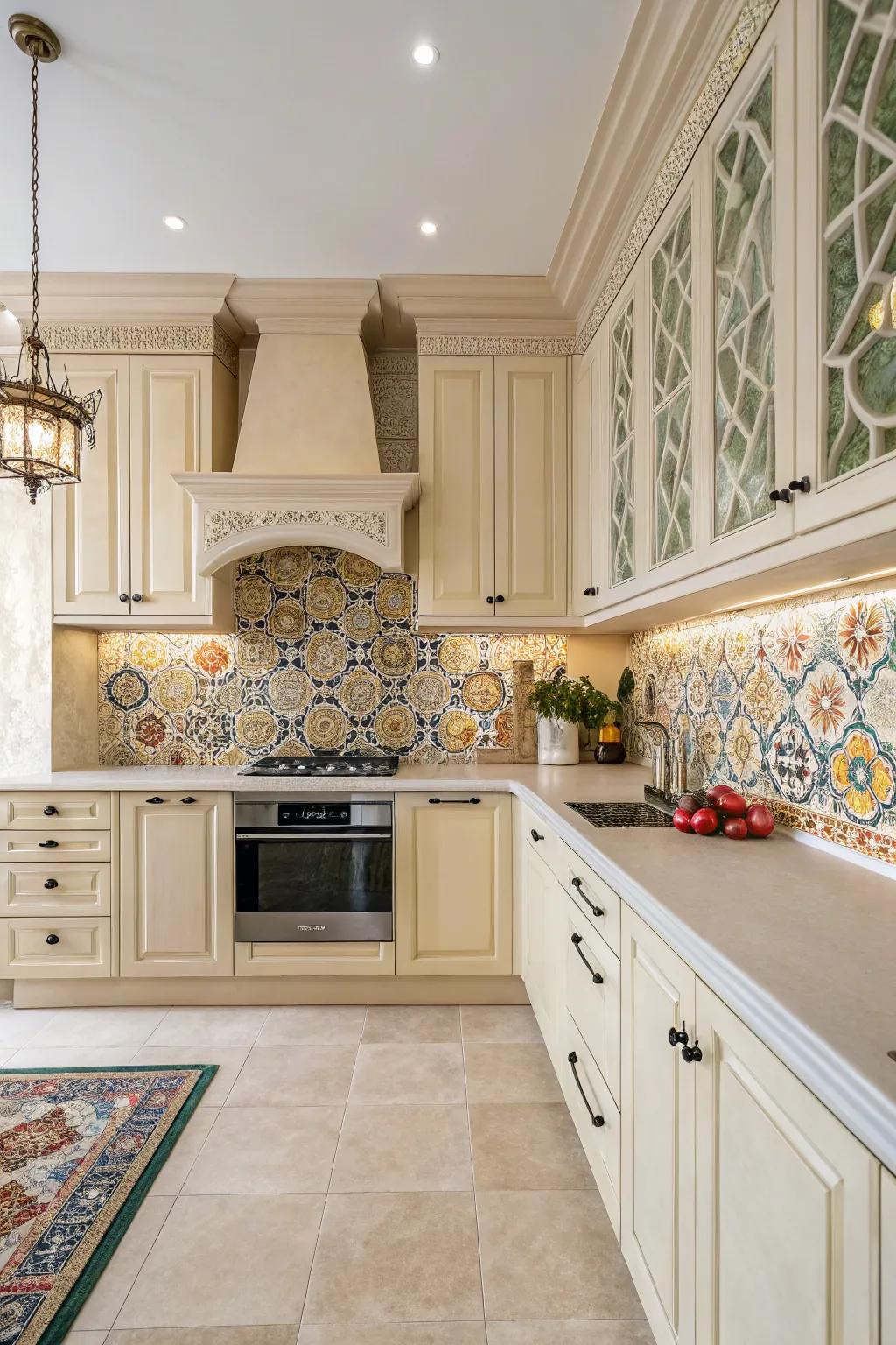 Innovative backsplashes add a unique touch.