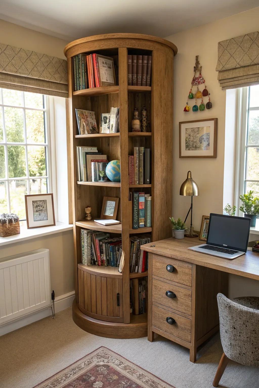 Revolving bookshelves are fun and practical, suitable for small spaces.
