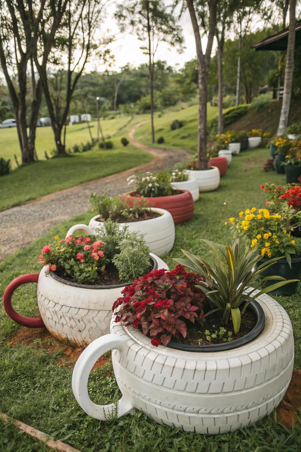 Playful coffee mug ring beds adding fun to the garden.