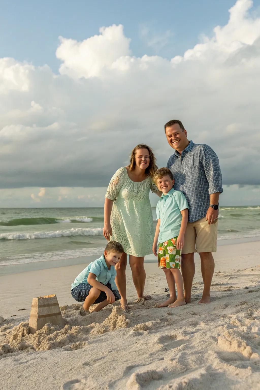 Beach settings offer a tranquil and picturesque backdrop for family photos.
