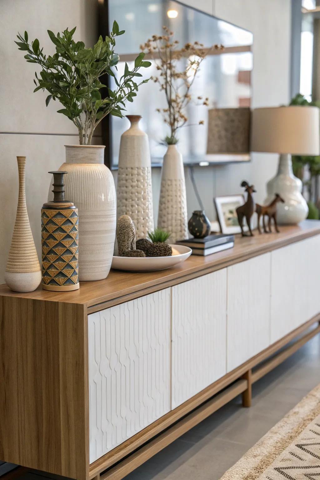 A credenza with decor items of varying heights.
