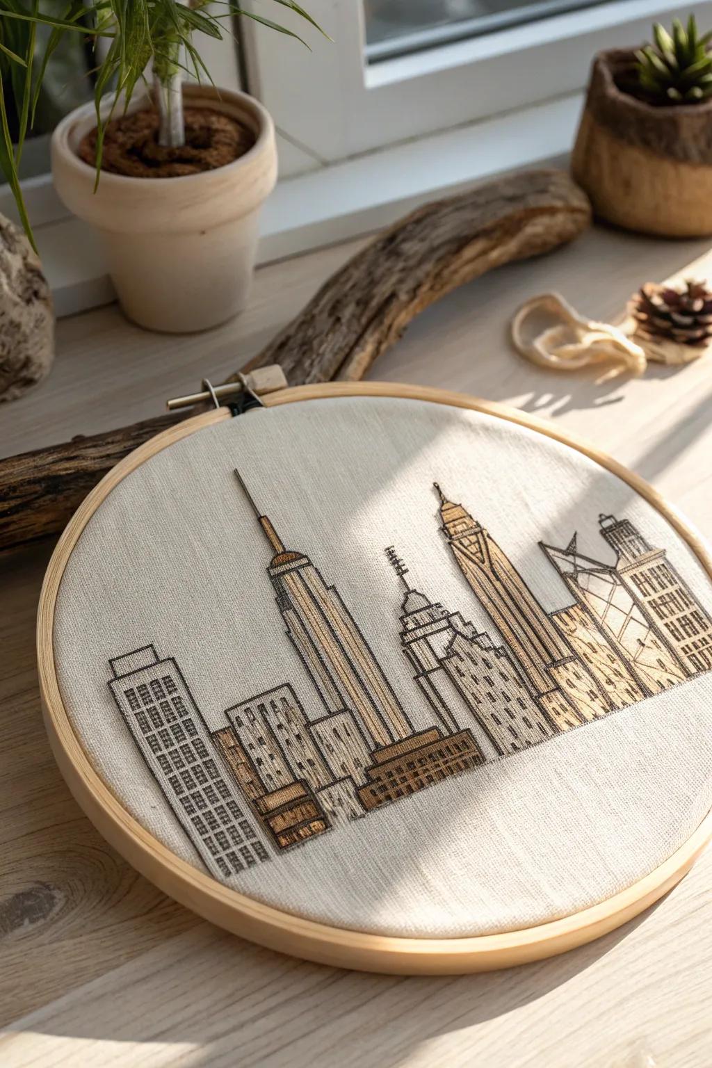 Capture your adventures with the fragile beauty of a cross-stitched city skyline.