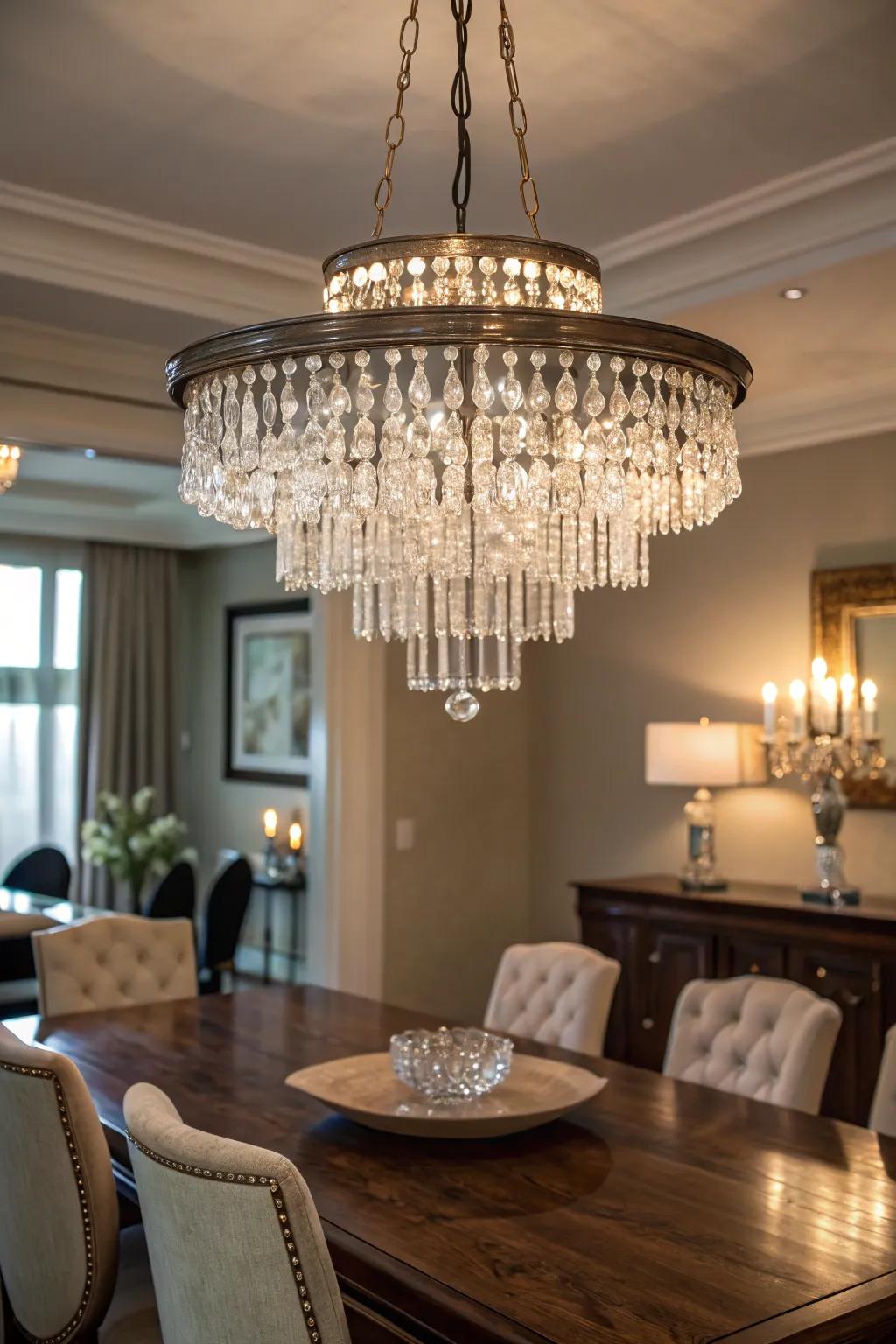 A light fixture sparkles with hanging crystals, adding a touch of glamor.