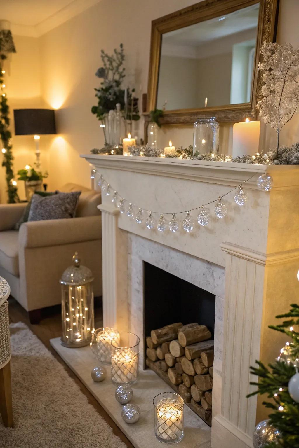 A mantelpiece adorned spectacularly with crystals.