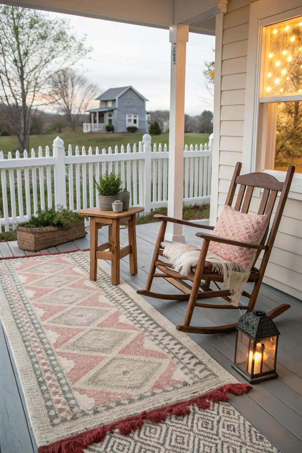 Layered rugs impart depth and comfort to the porch decor.