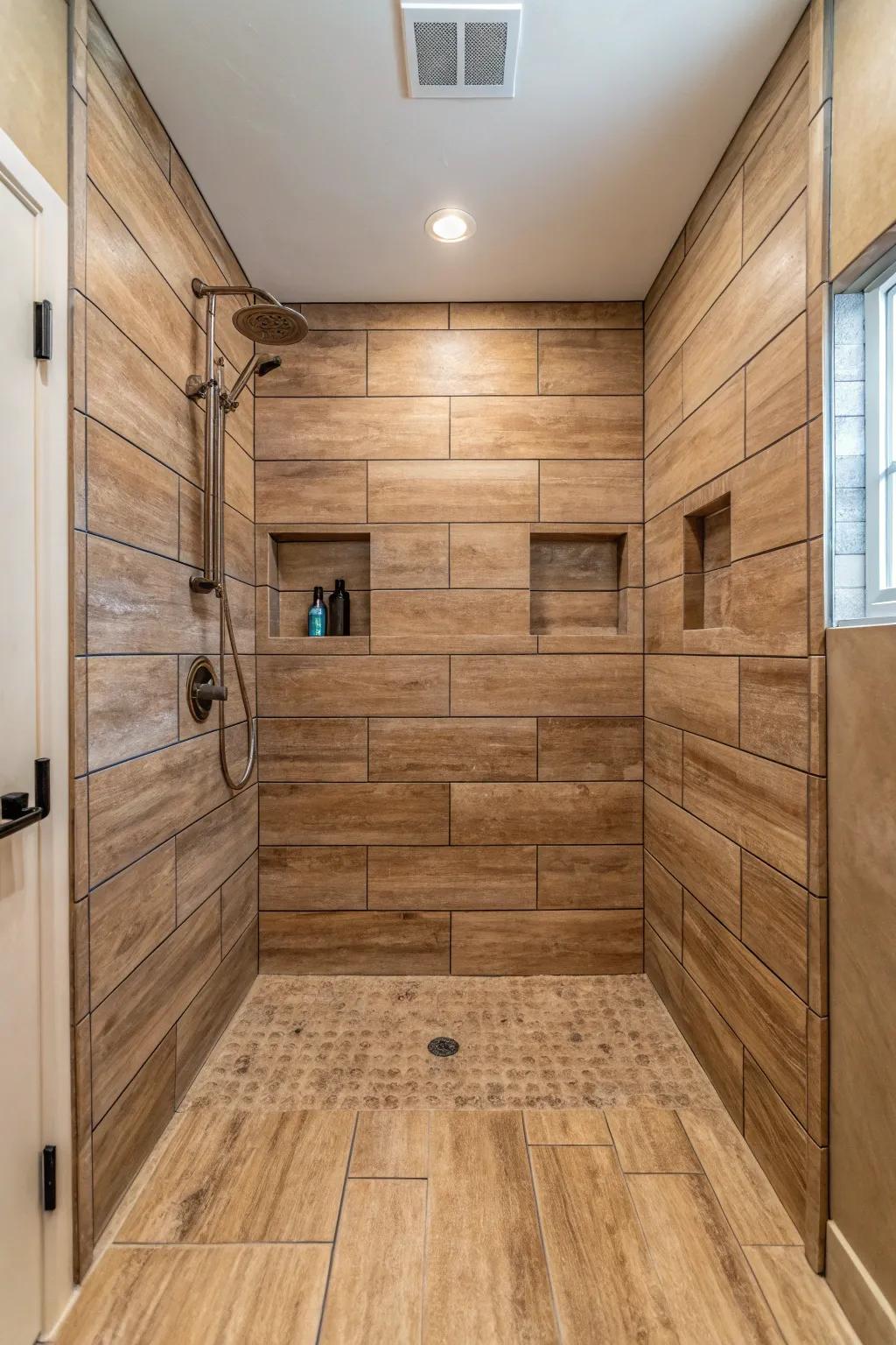 Wood-styled tiles bring warmth and a natural touch to this modern shower.