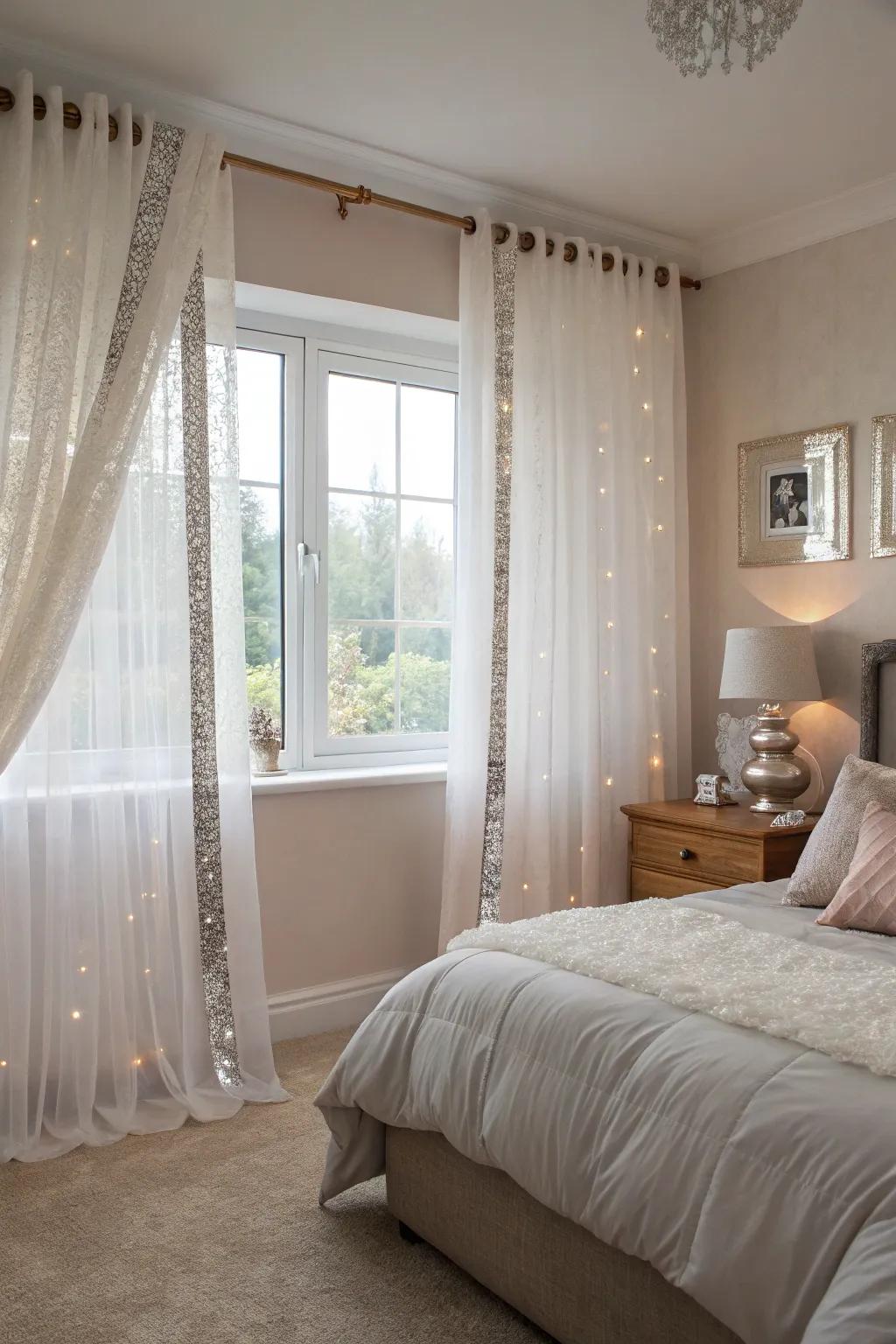 Glamorous sheer curtains with shimmer edges.