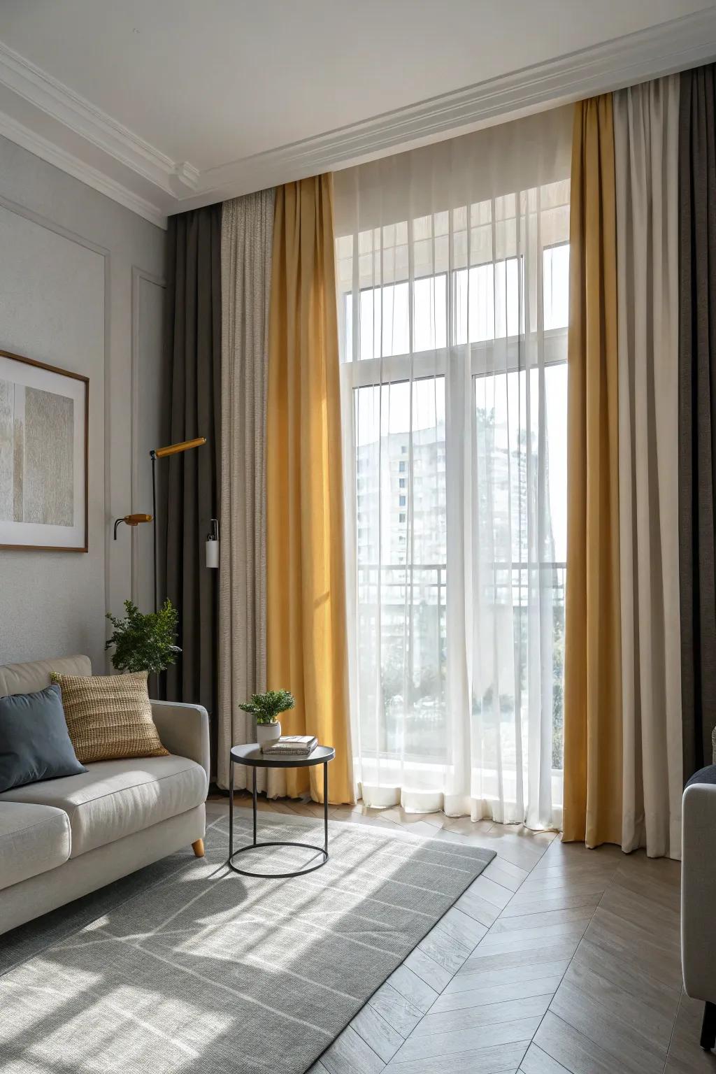 Two-tone window coverings inject depth and dimension into the decor.