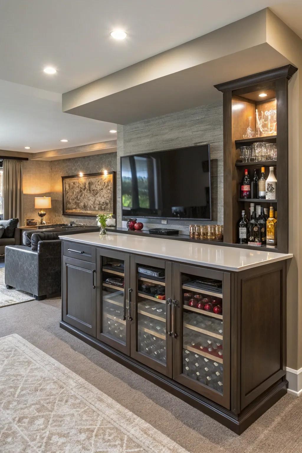 A drop-down bar integrated into a media wall for entertaining.