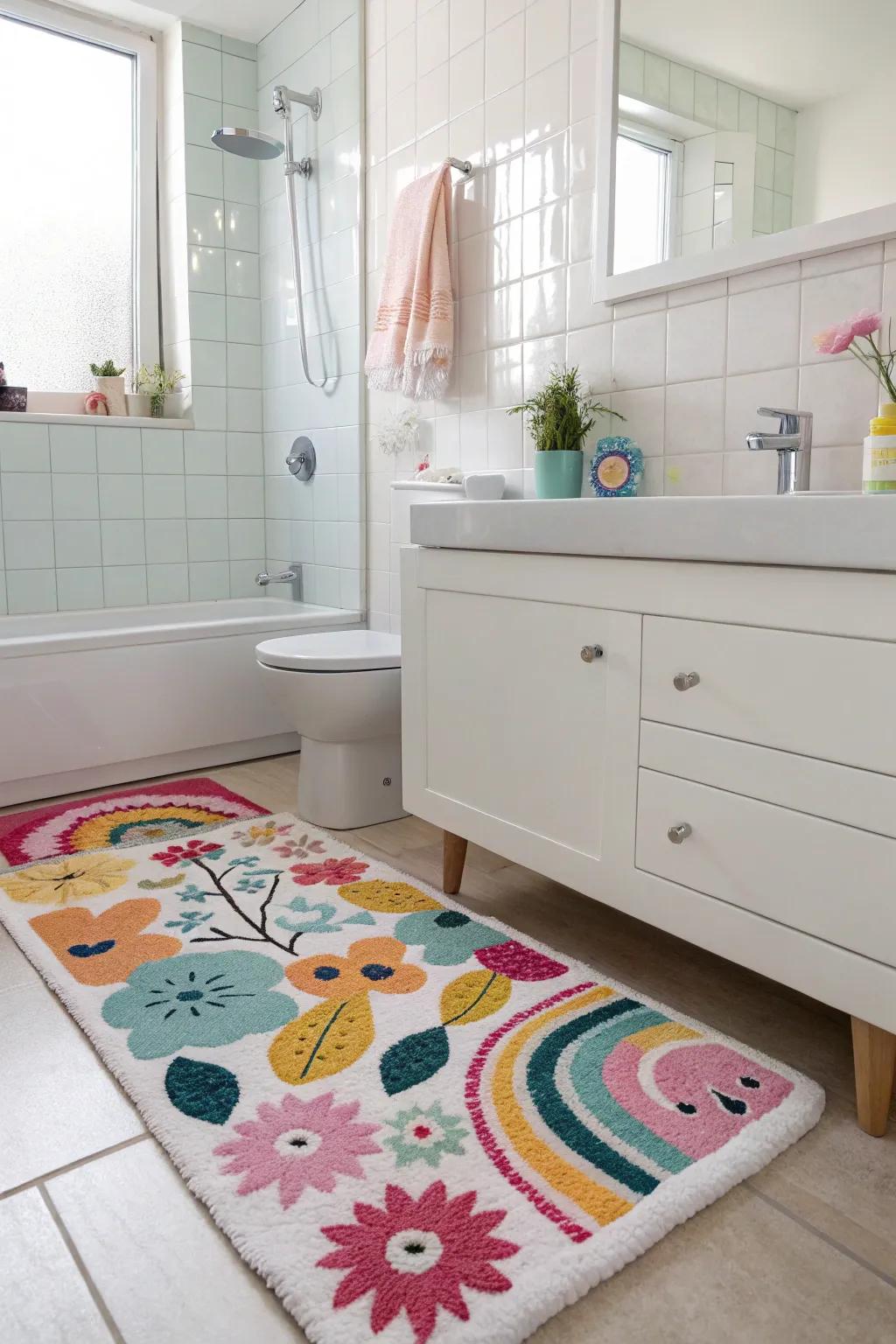 A playful rug contributes comfort and style to your restroom floor.