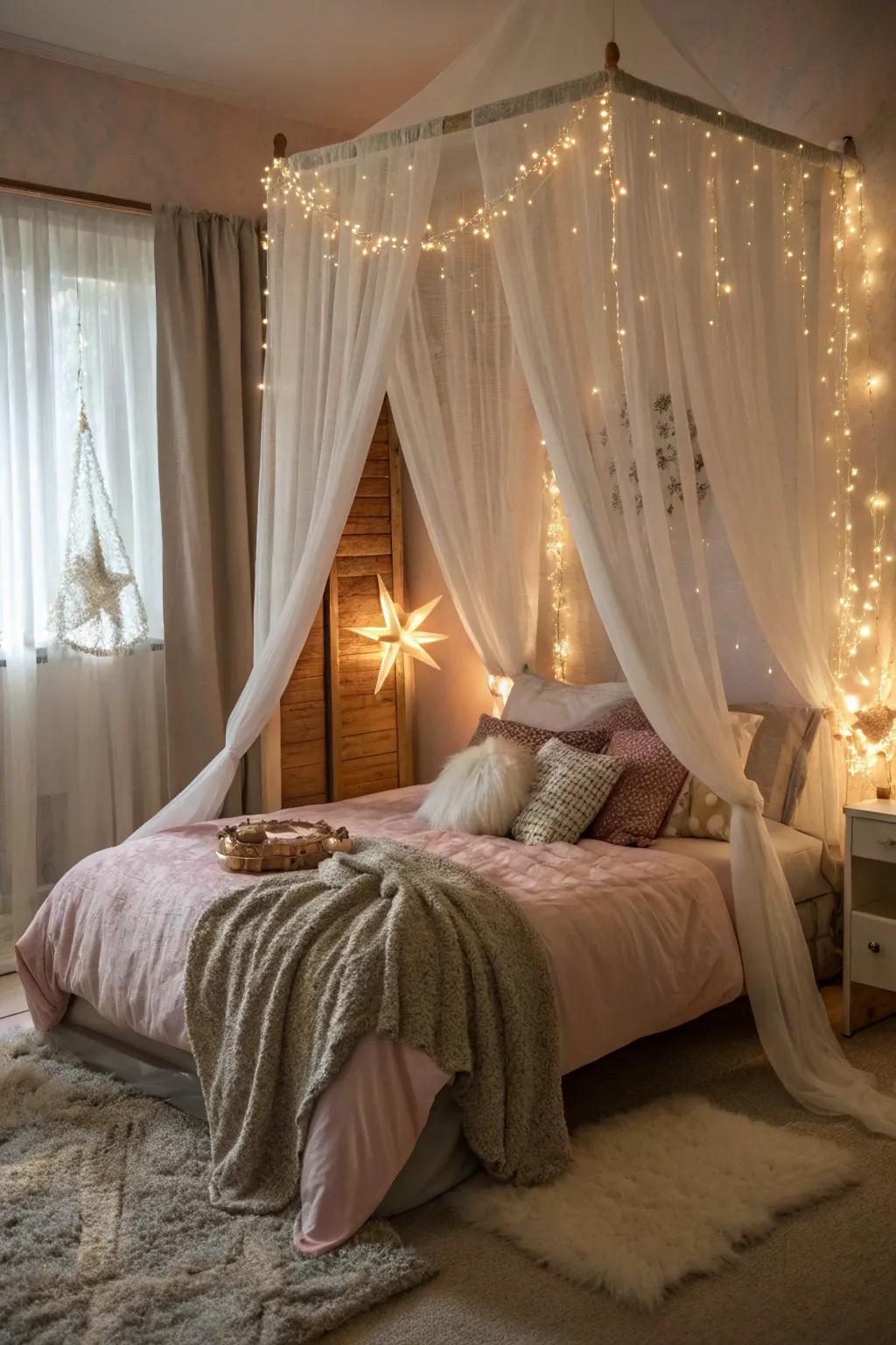 Draped beds inject enchantment and seclusion into the area.