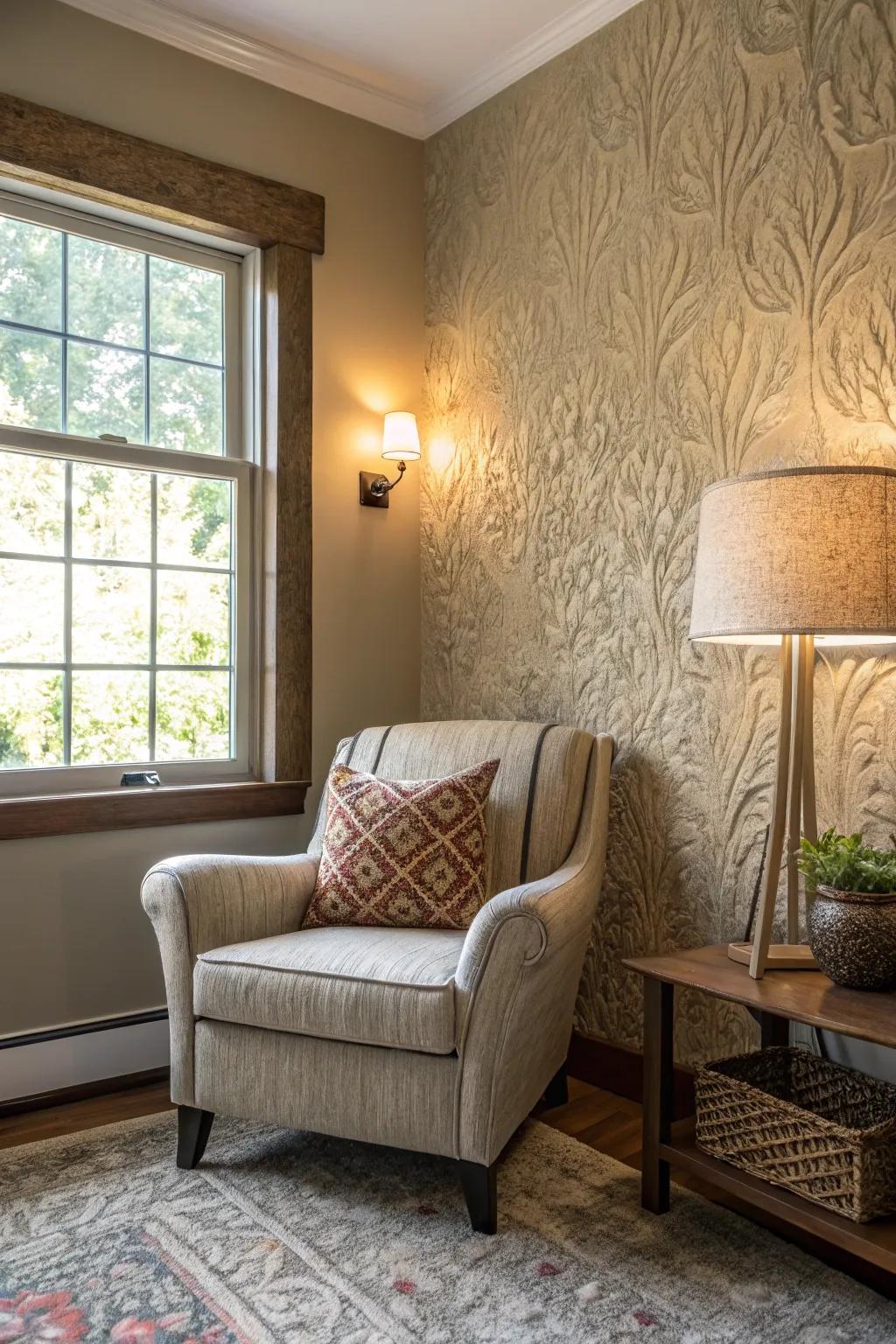 A textured wall and unique chair create an inviting nook.