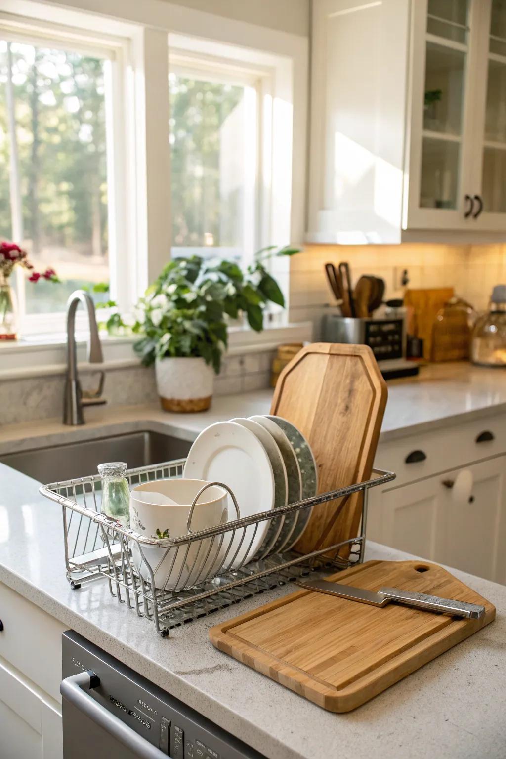 Dish rack used for cutting board storage.