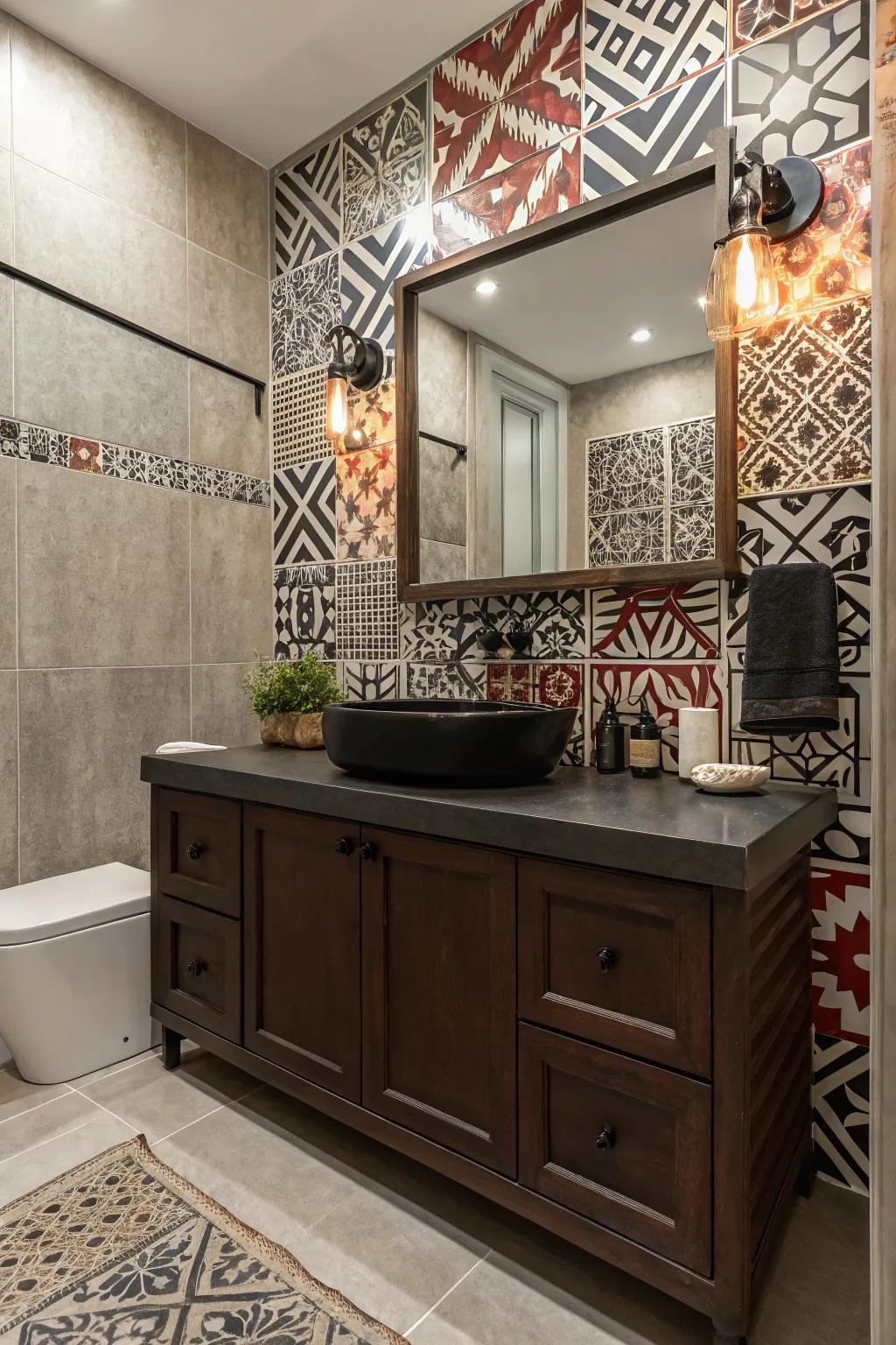 Dramatic themes fashion a striking backdrop for a dark brown vanity.