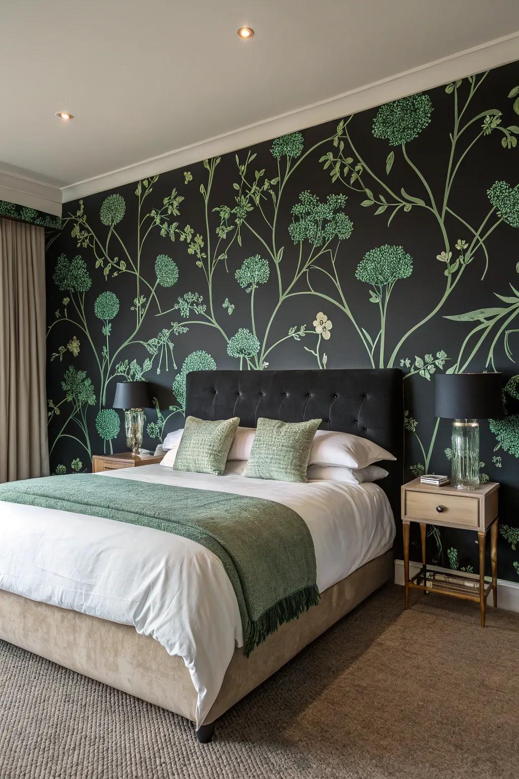 Floral patterns on black wallpaper create a striking focal point.
