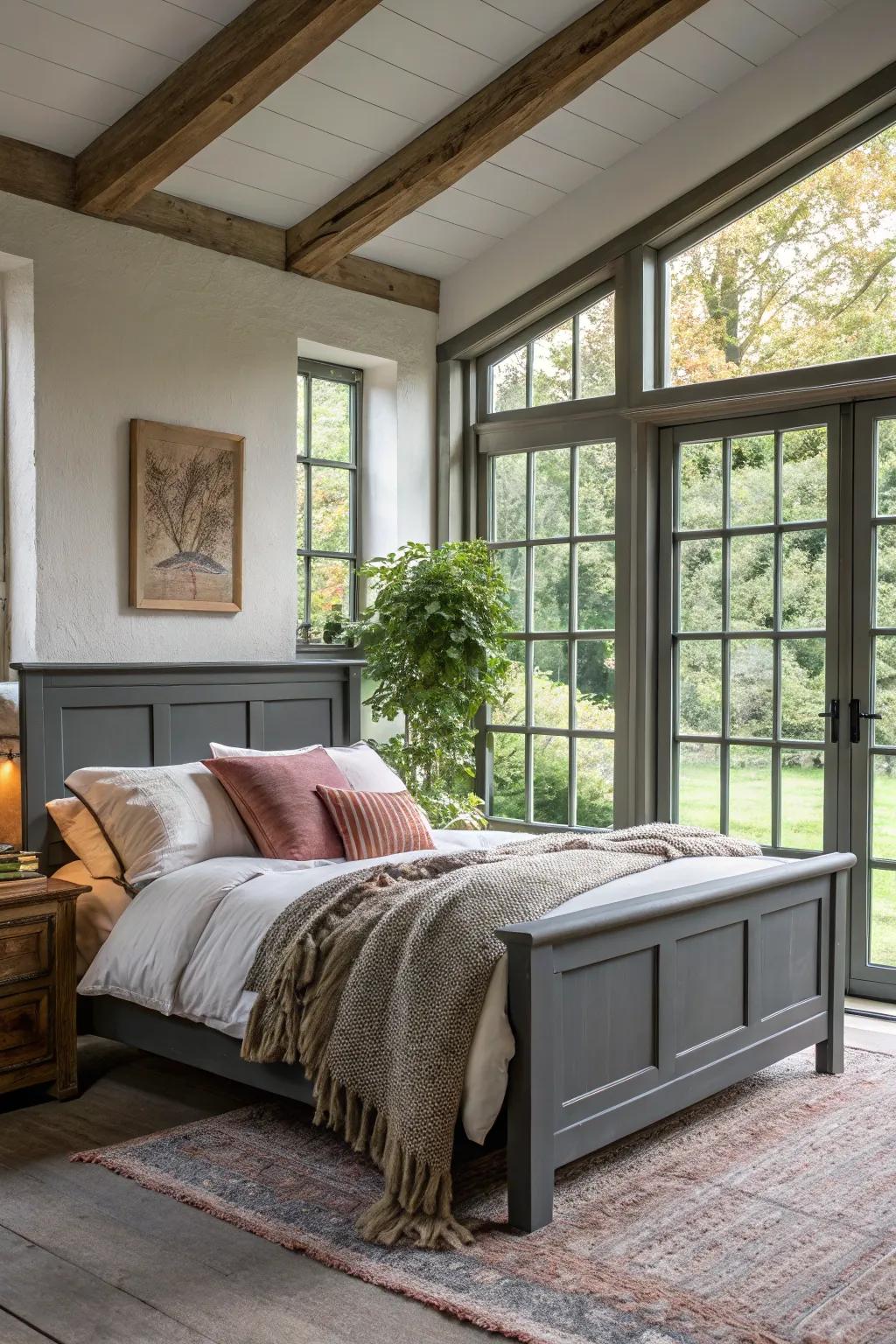 Natural light enhances the beauty of a dark grey bed frame.