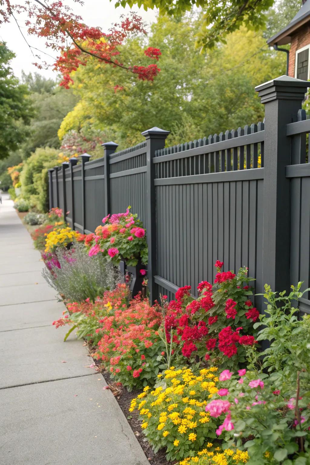 Bright, colorful plants create a stunning contrast with a deep charcoal boundary.