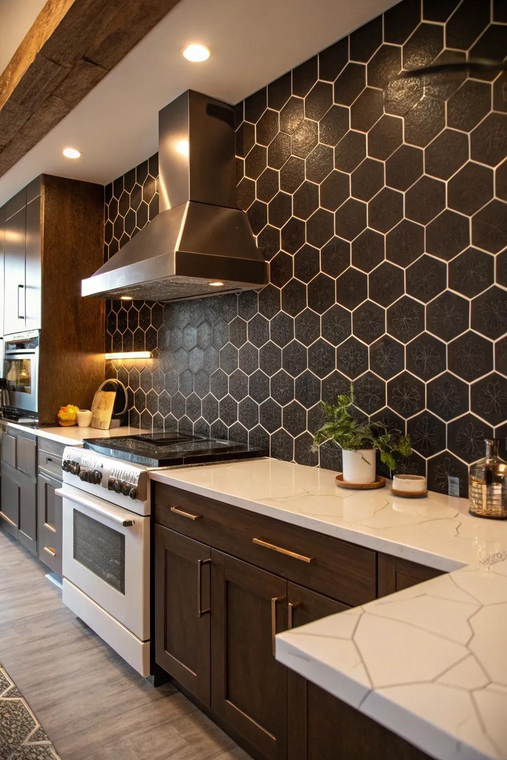 A kitchen sophisticatedly features a dark hexagonal tiled backsplash.