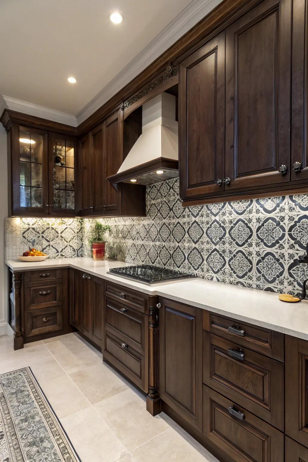 A striking, shadowy-patterned splashback establishes a theatrical kitchen centerpiece.