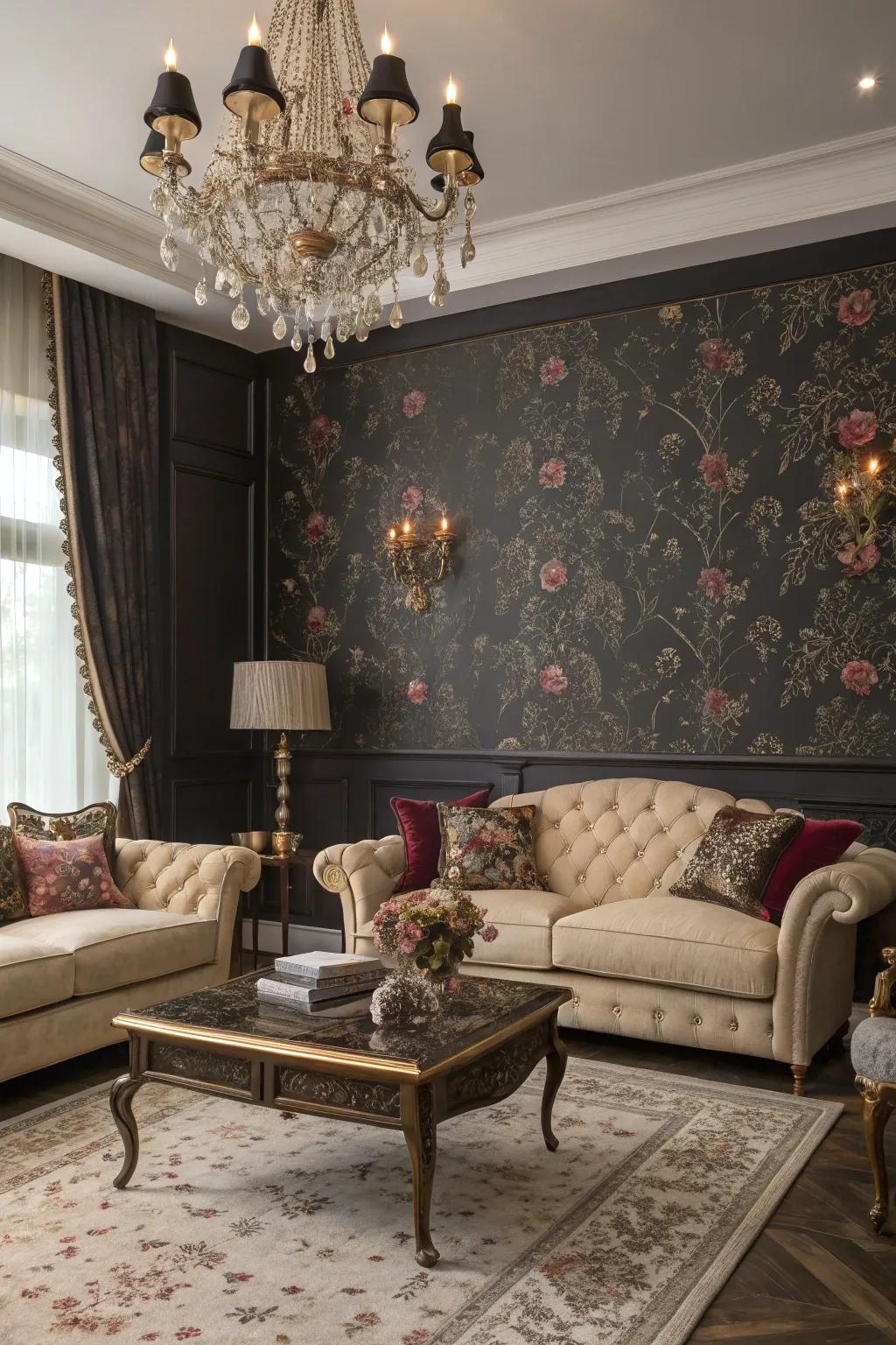 A theatrically designed living space enhanced by a gloaming garden-themed floral wall.