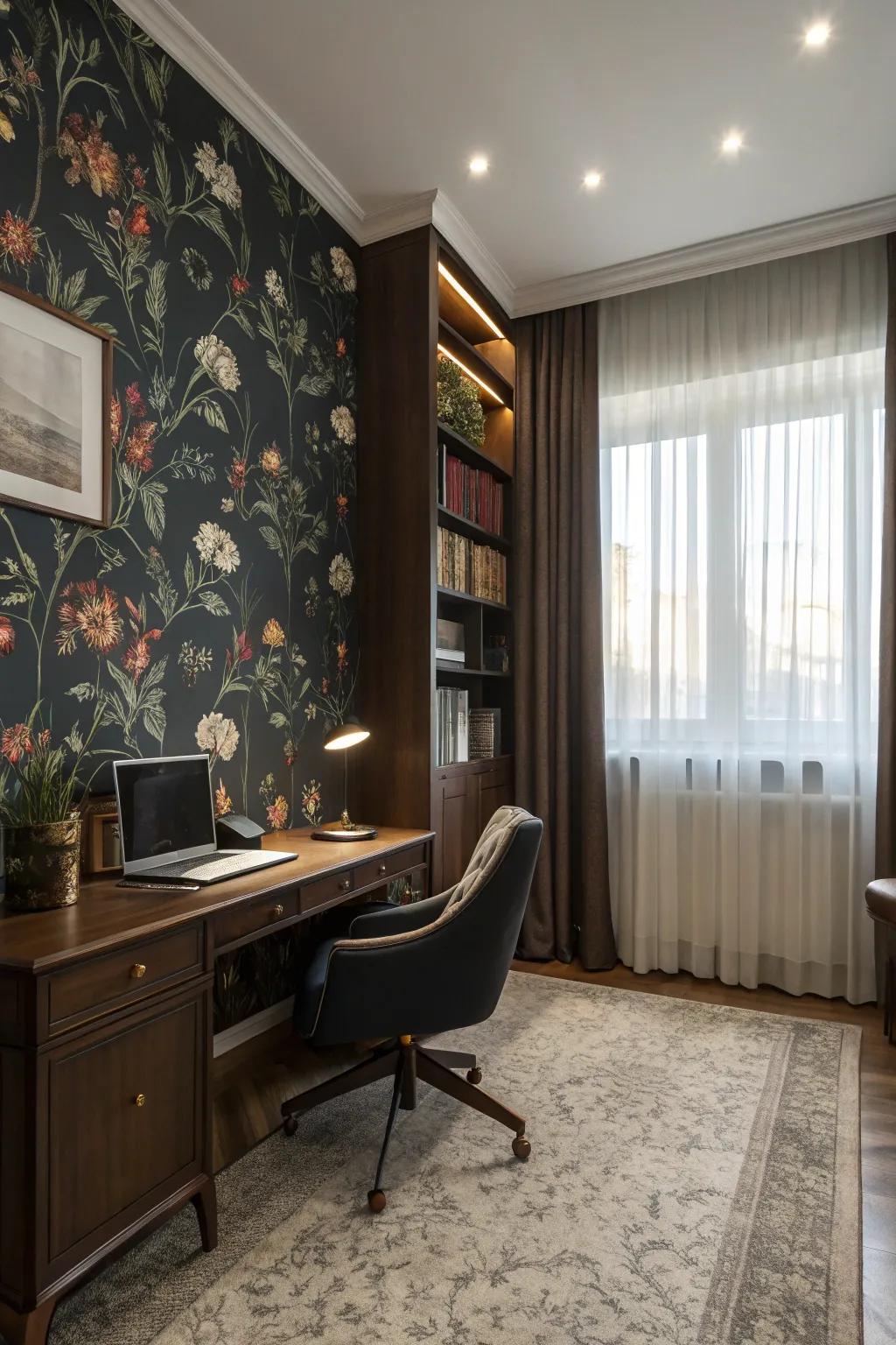 Intense wall covering imparts depth and fascination.