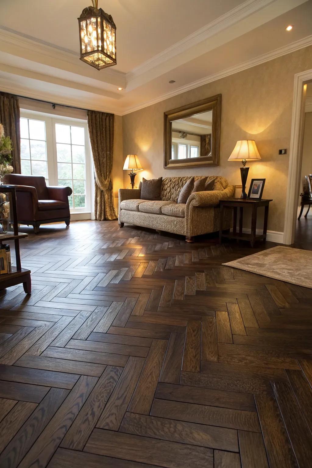 Herringbone patterns inject sophistication into <strong>dark wood floors</strong>.&rdquo; loading=&rdquo;lazy&rdquo; class=&rdquo;pimg&rdquo;>
	</picture><figcaption>Herringbone patterns inject sophistication into <strong>dark wood floors</strong>.</figcaption></figure>
<p>Elevate your floors with a patterned design like herringbone or chevron. These patterns infuse refinement and can make the area seem more expansive.</p>
<h3>Products that could assist:</h3>
<ul class=