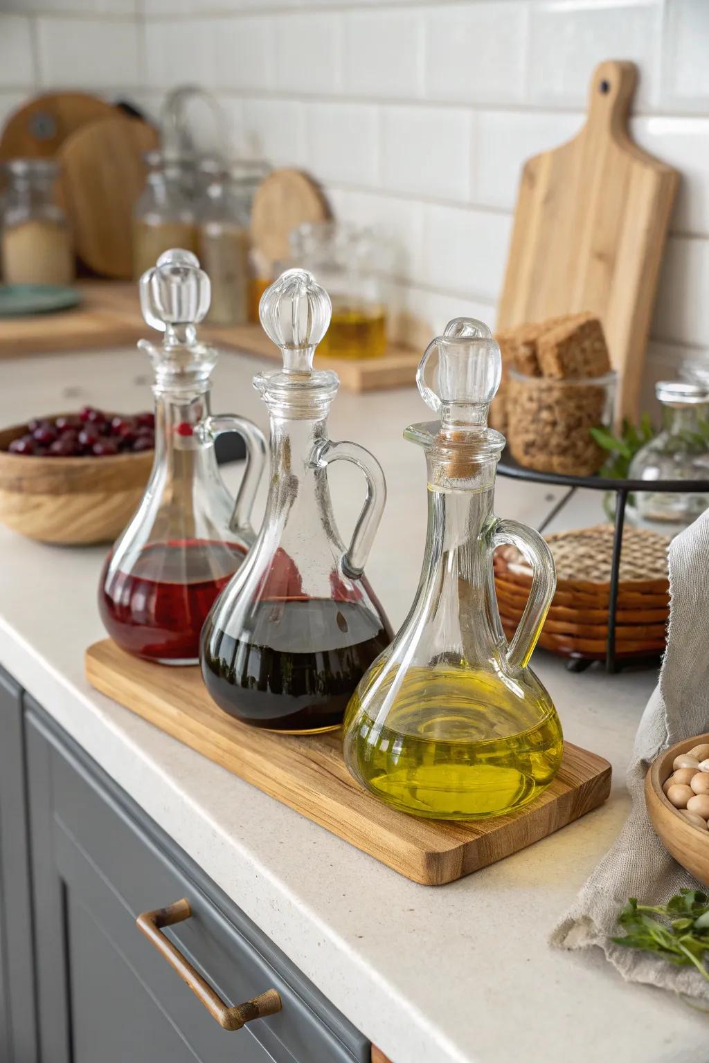 A kitchen counter featuring carafes as practical storage.