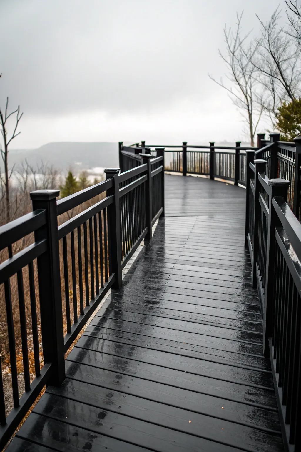 A monochrome black deck with black railings offers a striking and dramatic aesthetic.
