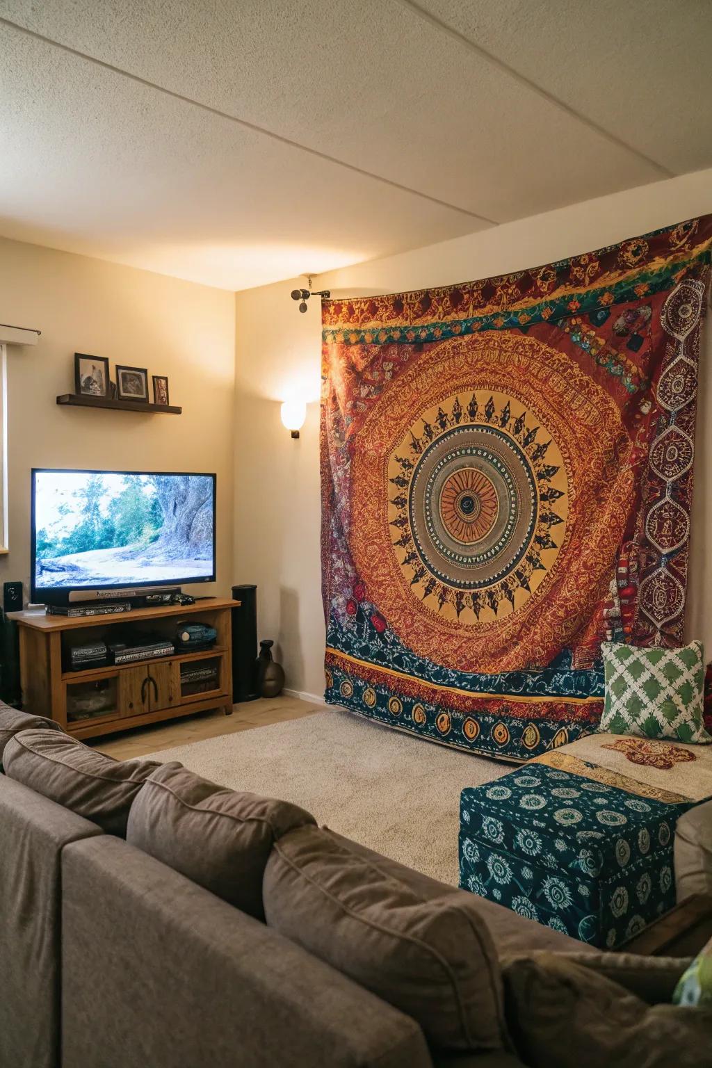 A fabric piece adds a playful, vibrant component to the area.