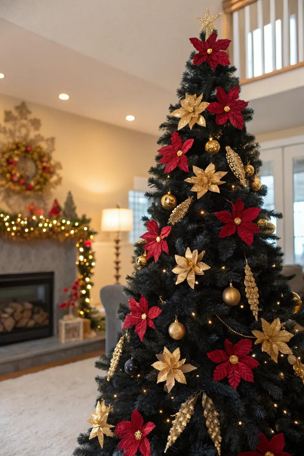 A dark fir enhanced with festive botanical decorations.