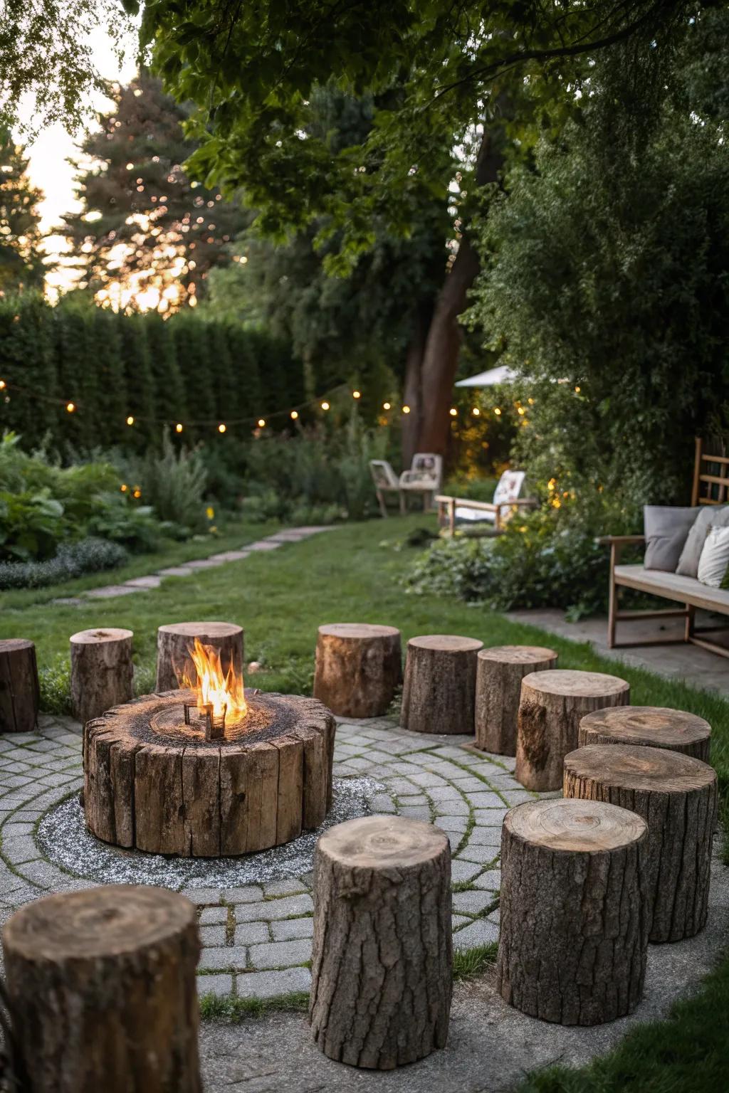 Encircle a warm campfire with rustic tree stump seating.