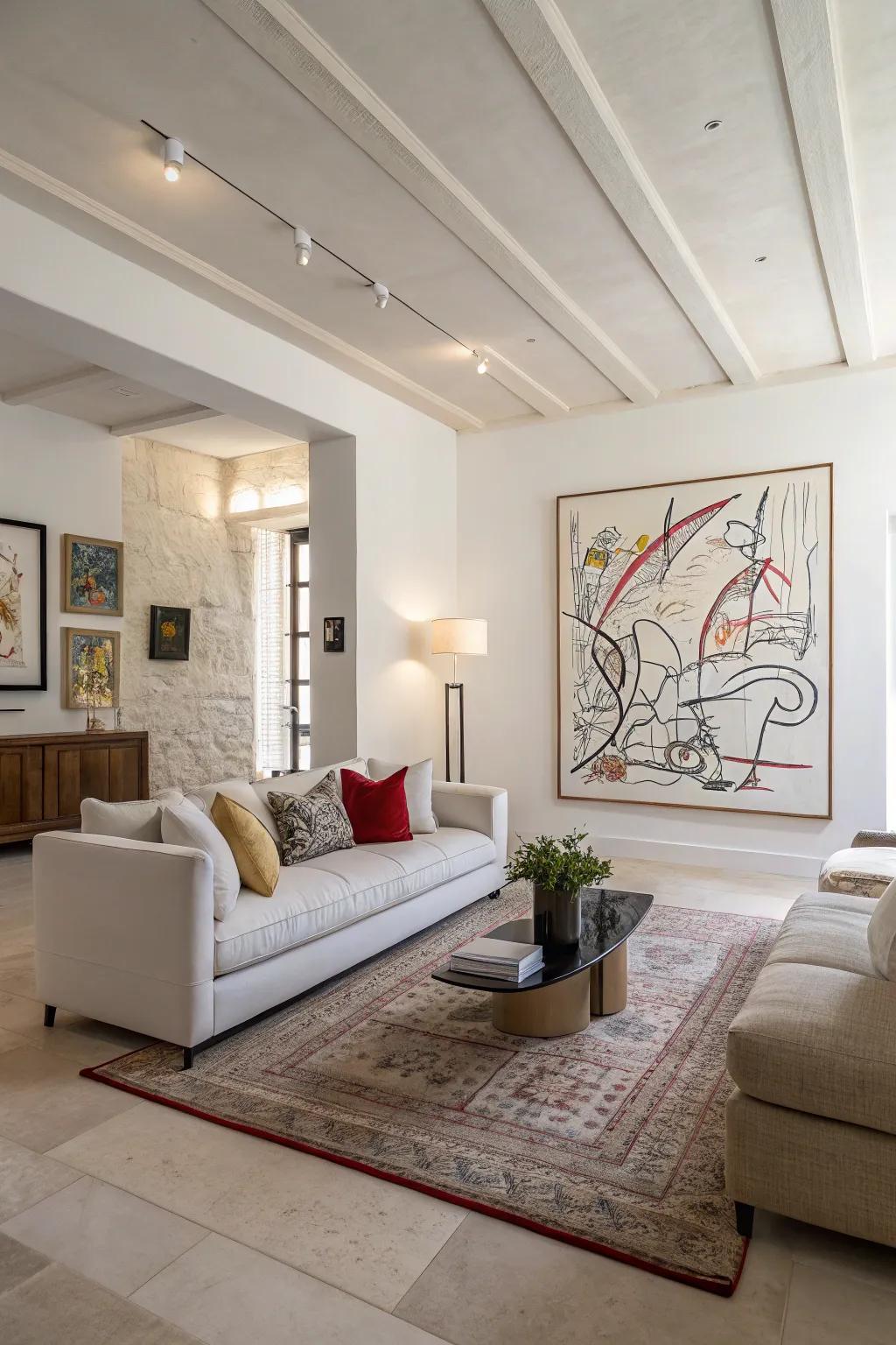 Imagine a minimalist living room enlivened by an expansive abstract drawing, creating a dramatic, captivating visual.