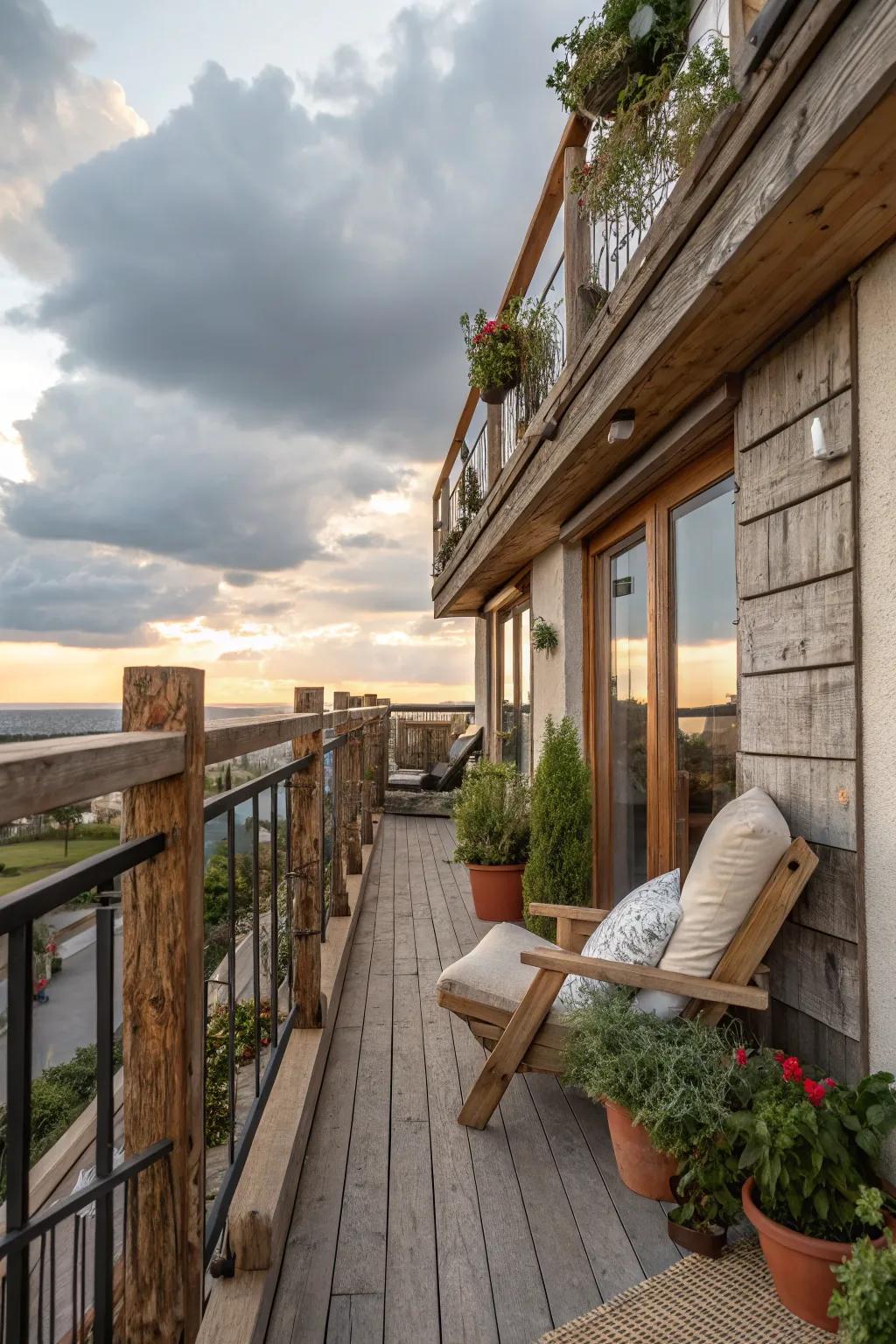 Charming rustic elegance through reclaimed wood balustrades.
