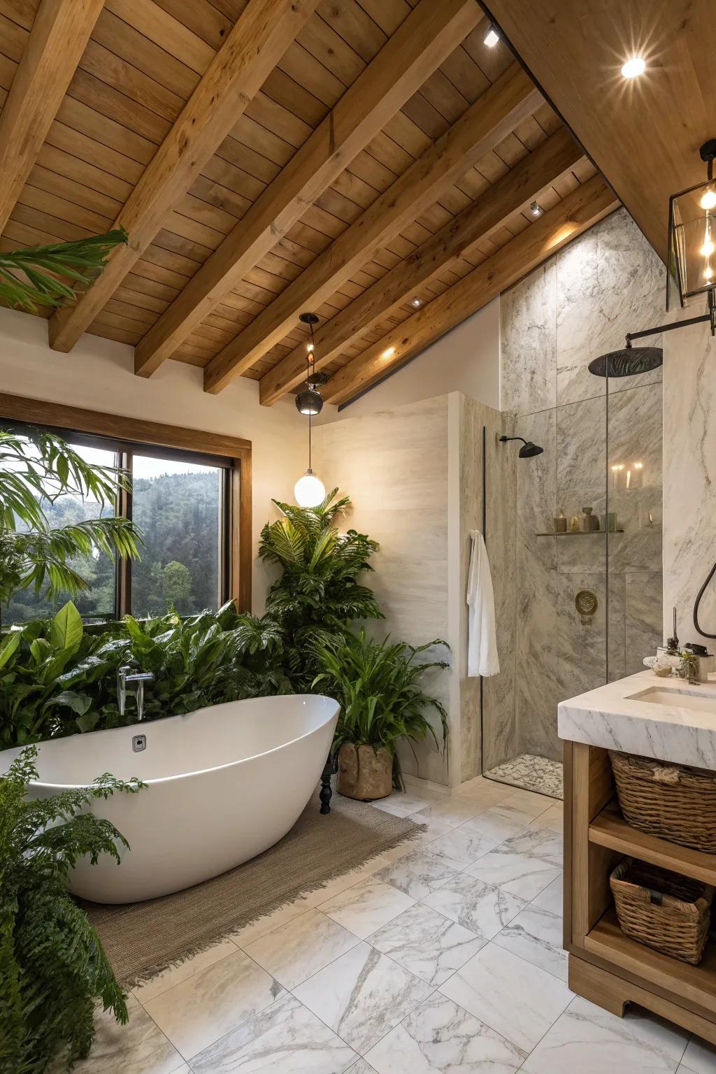 In a peaceful bathroom environment, wooden beams add warmth.