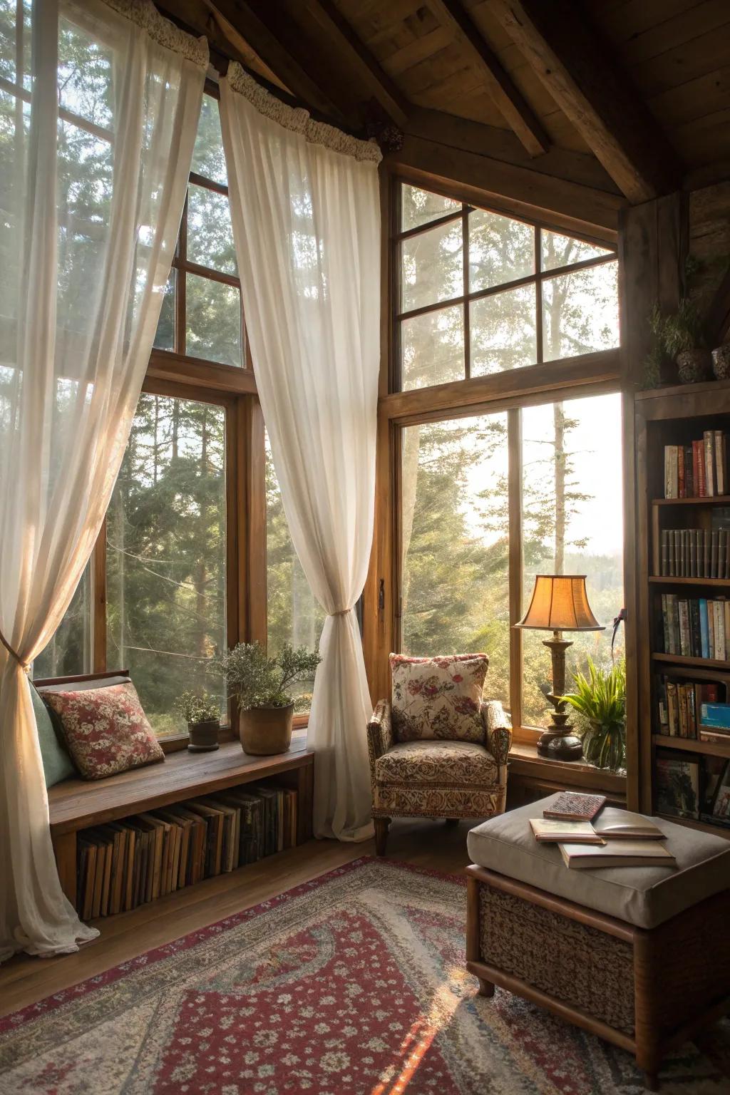 A glowing den filled through natural radiance flowing by wide window frameworks.