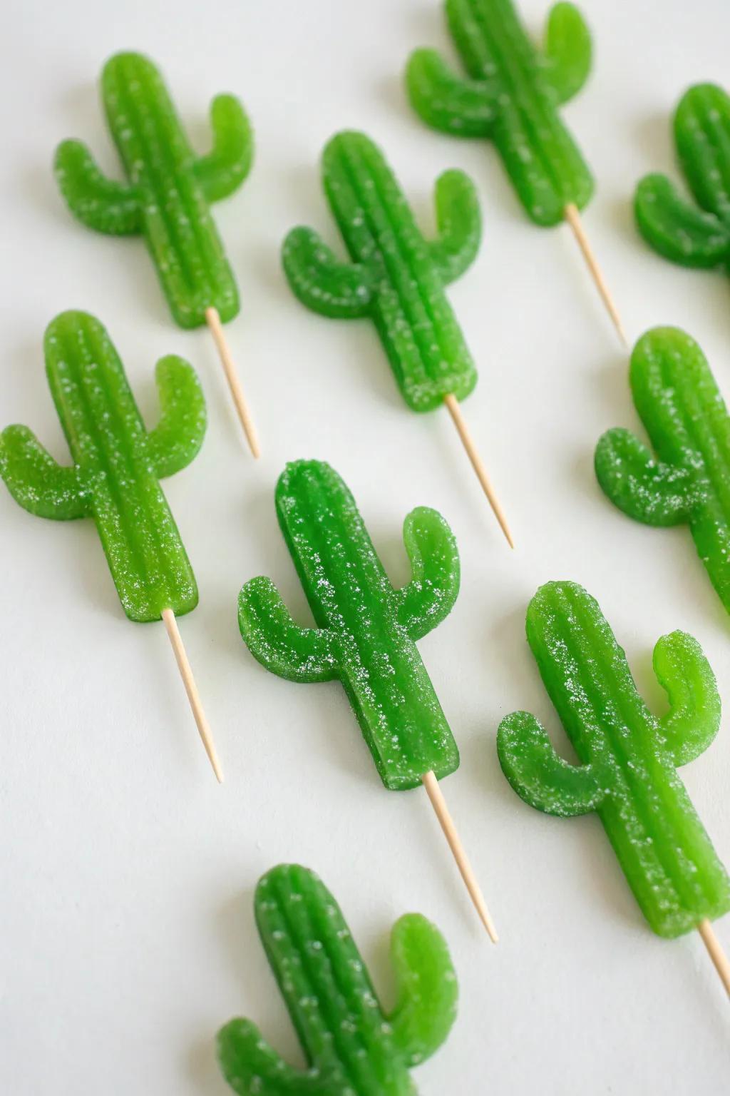 Candy prickly pears fashioned from verdant gelatinous sweets and skewers.