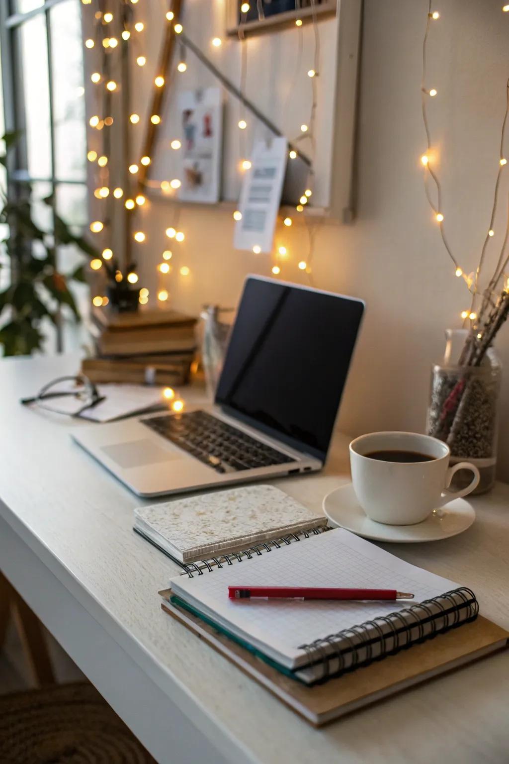 String lights bring a magical ambiance to the workspace.