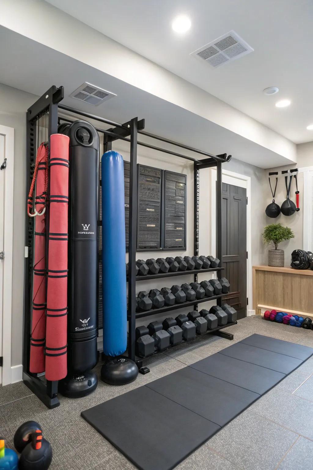 An ordered home gym utilizing height-based storage to keep tools accessible.
