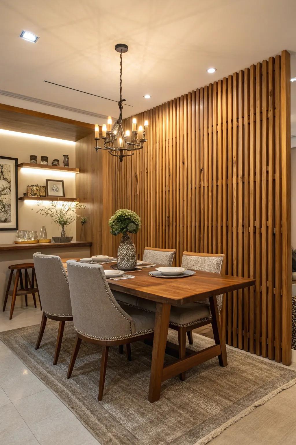 Wood slats add warmth and texture to dining rooms.