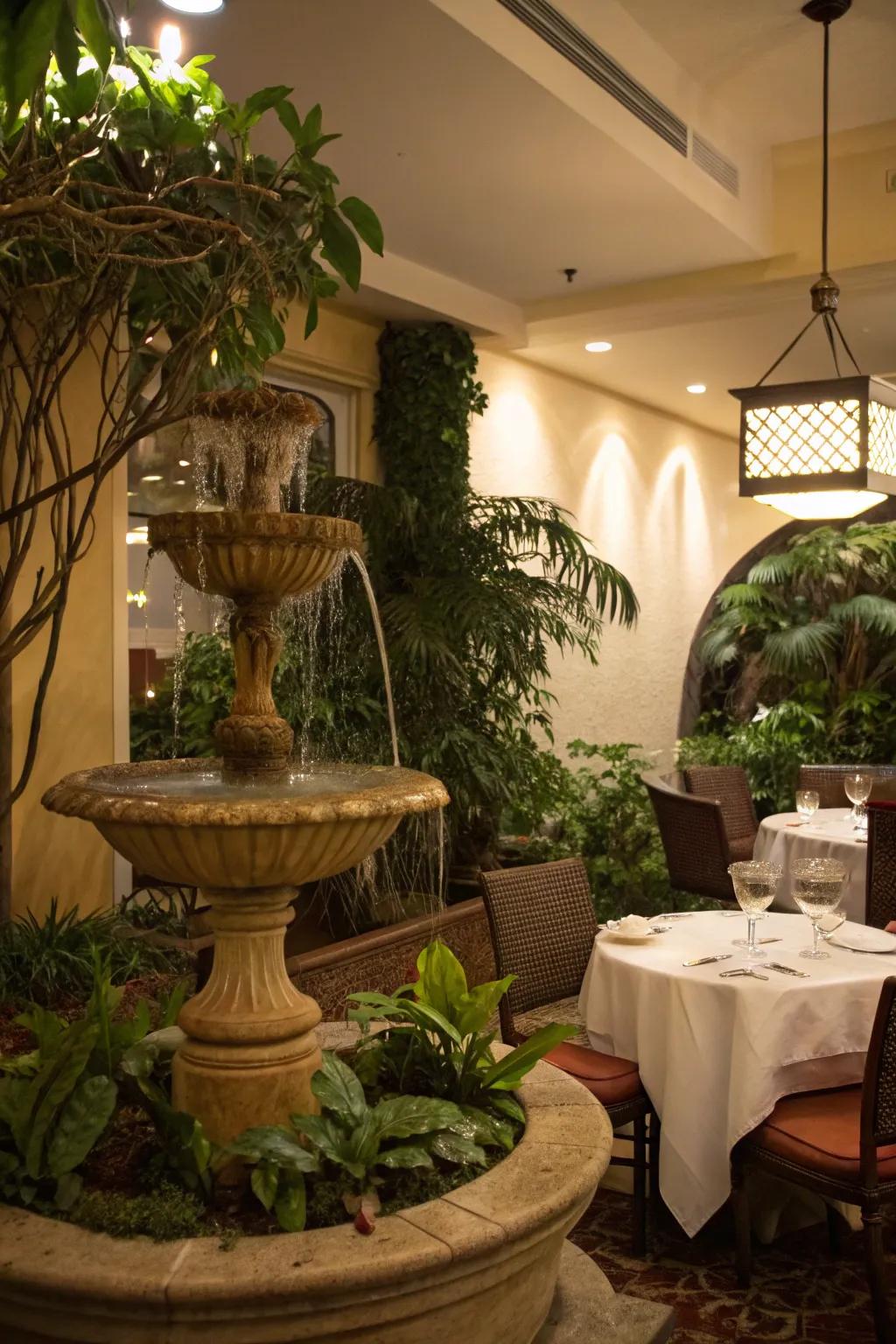 An indoor water feature adds a calming element to the dining room.