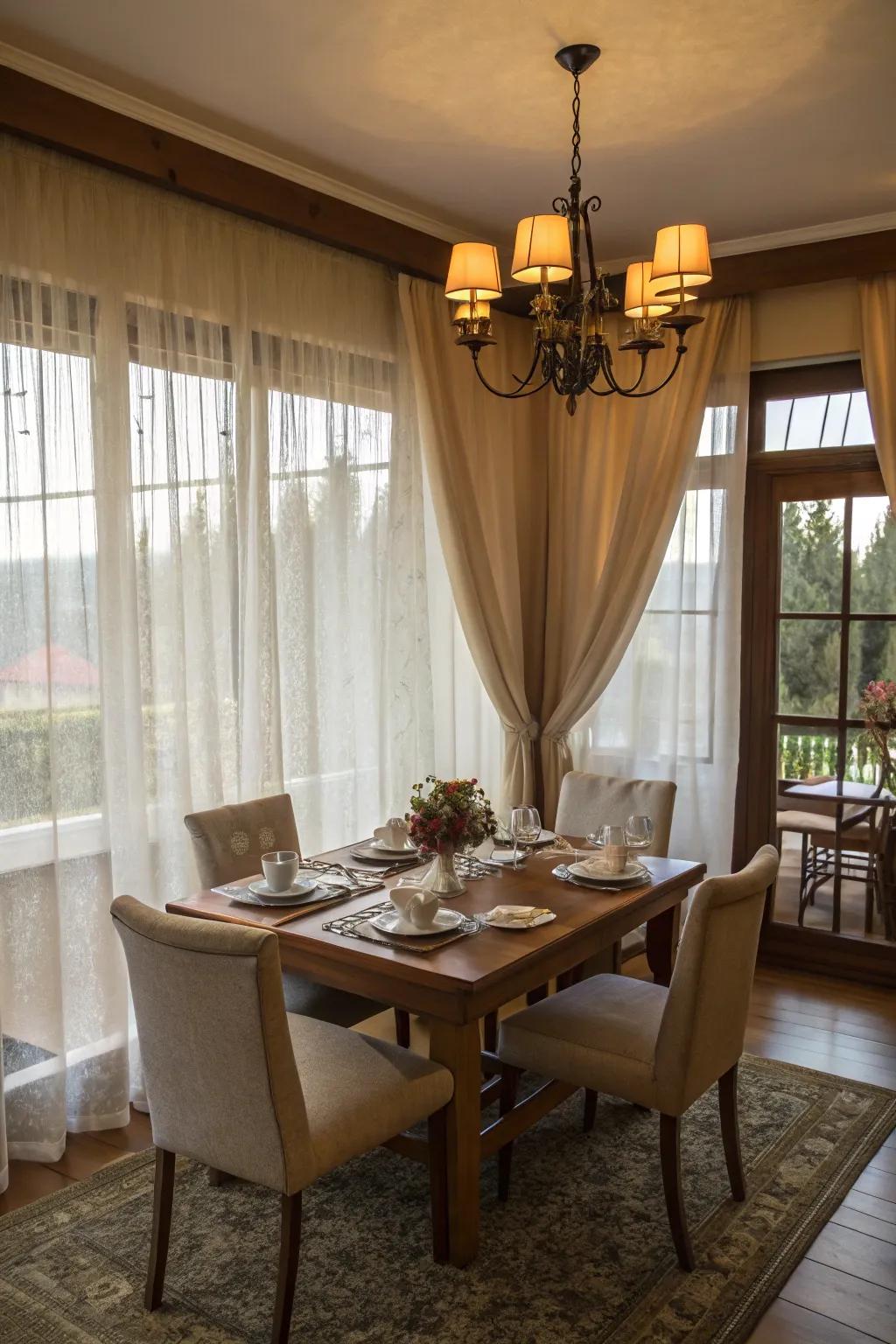 See-through window dressings providing an airy elegance to the dining area.