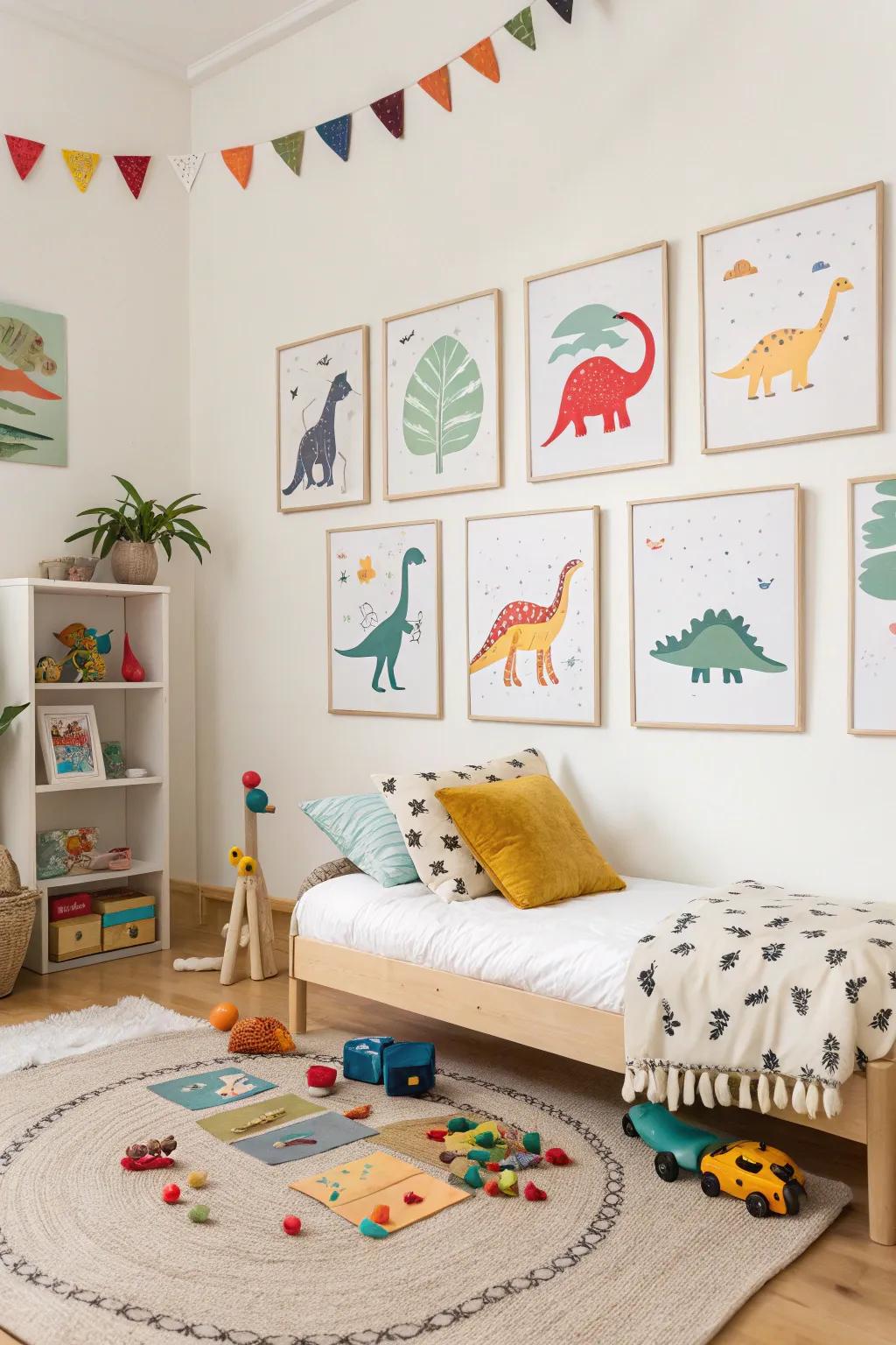 A gallery wall of dinosaur art prints adding a creative and educational touch.