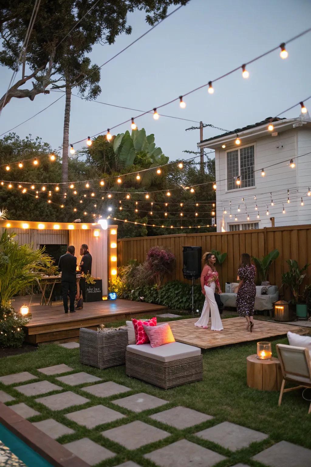 An outdoor disco setup with string lights creates a magical vibe under the stars.
