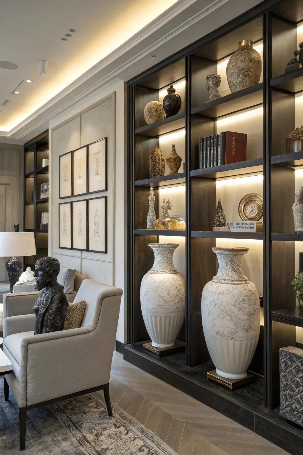 Statement pieces anchor shelf displays.