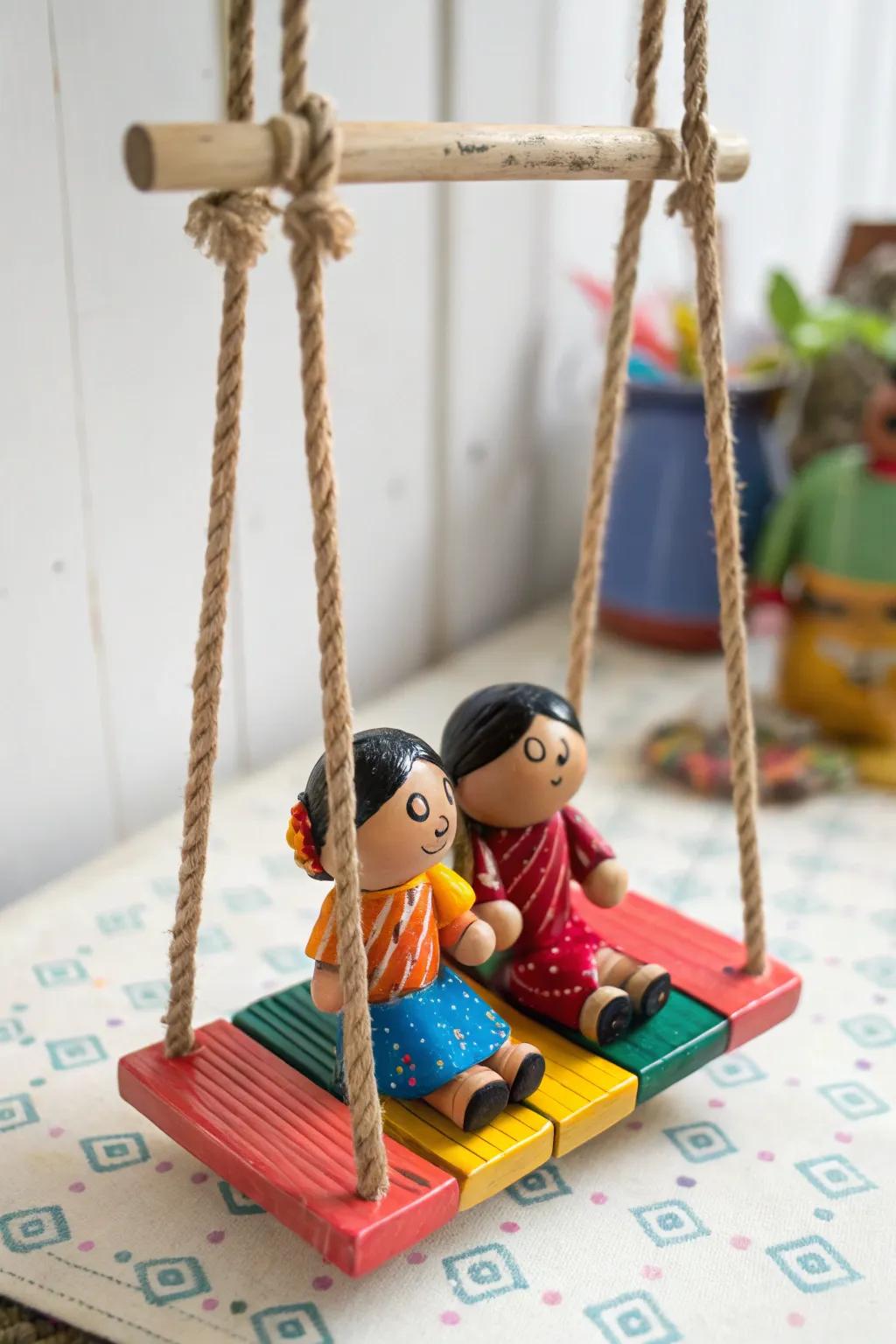 Suspended figures impart a cheerful vibe to the Golu staging.
