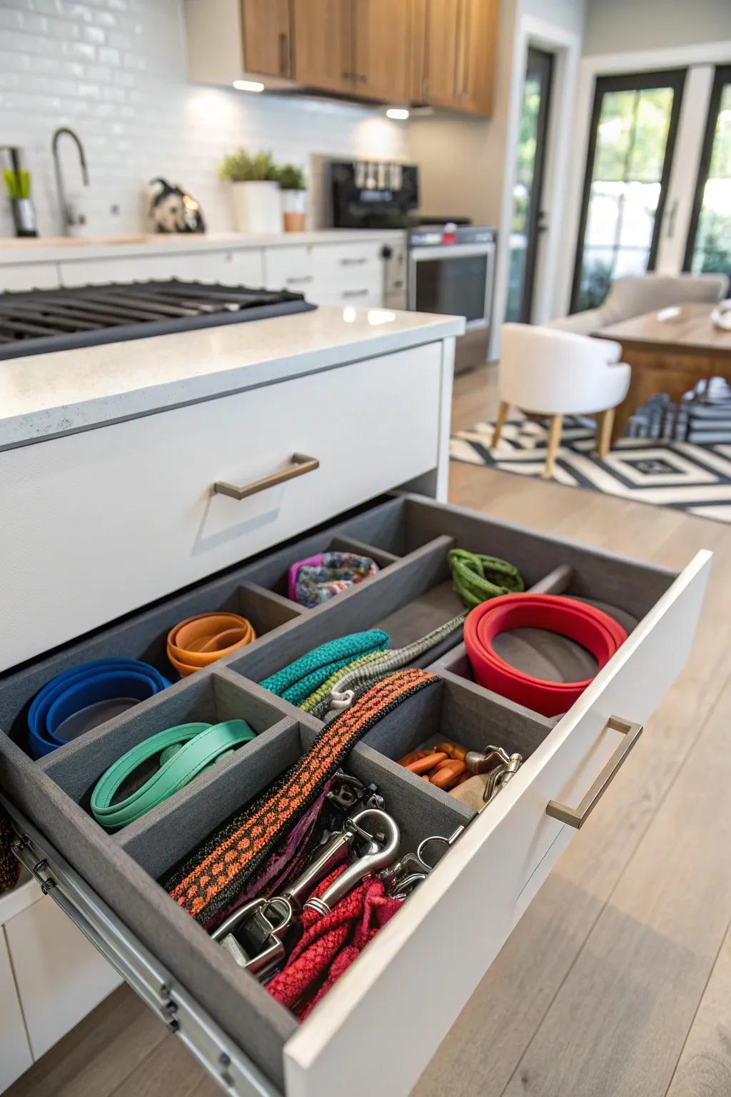 A compartment devoted to leash arrangement.